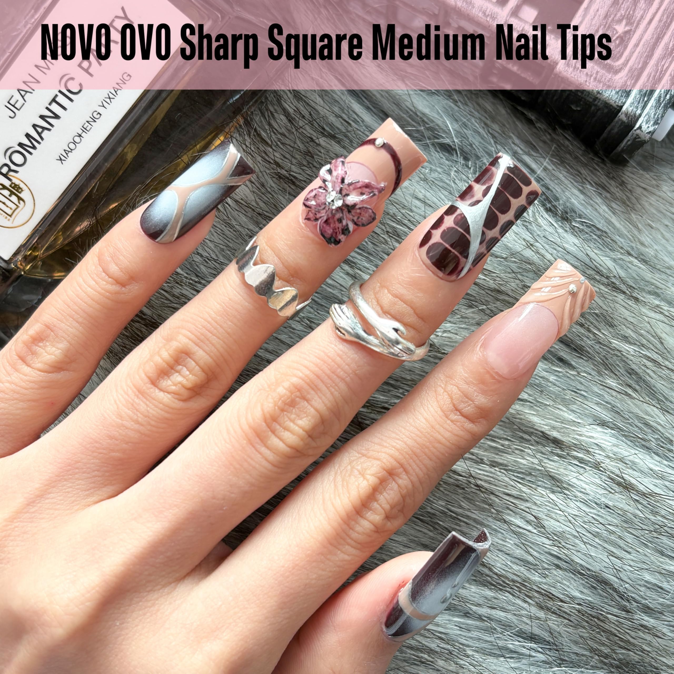 NOVO OVO Sharp Square Medium Nail Tips Press on, Natural (Not Sculpted) No C-Curve Soft Gel podwójnie matowe sztuczne przedłużenie paznokci, pełnokrywające paznokcie do salonu DIY manicure, 15
