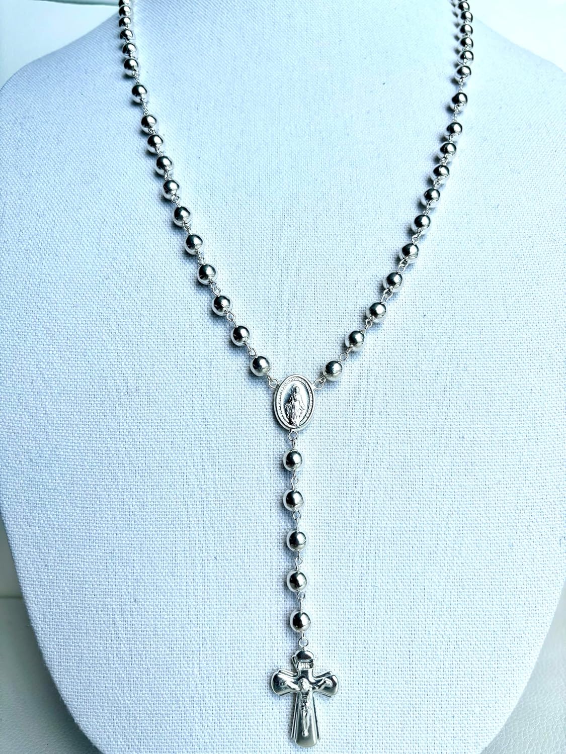 Handmade 925 Sterling Silver Rosary Necklace – 28 Inches Long, 48 g – Catholic Prayer Beads Jewelry