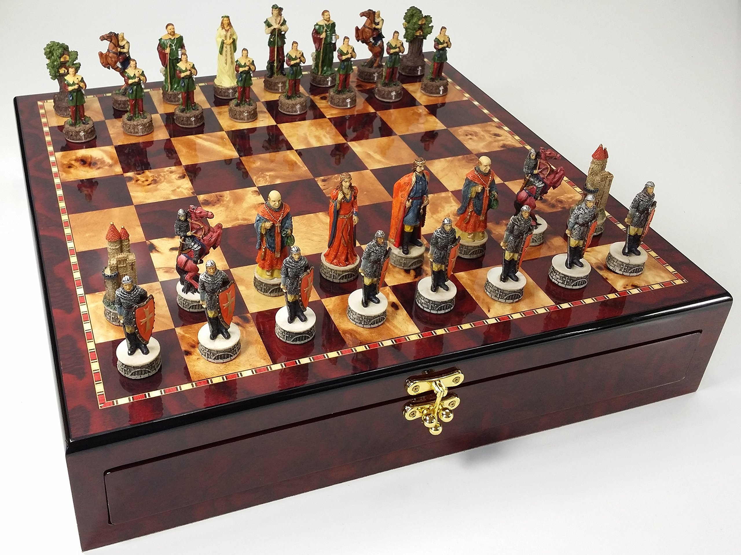 Medieval Times Robin Hood vs Sheriff of Nottingham Chess Set W/ 17" High Gloss Cherry & Burlwood Color Storage Board