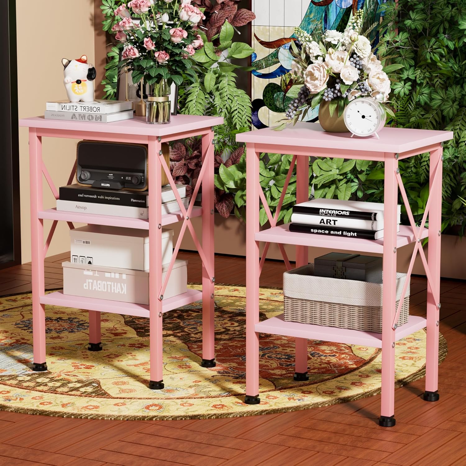 VECELO End Side Table Night Stand,X-Design with Storage Shelf for Bedroom,Living Room,Pink