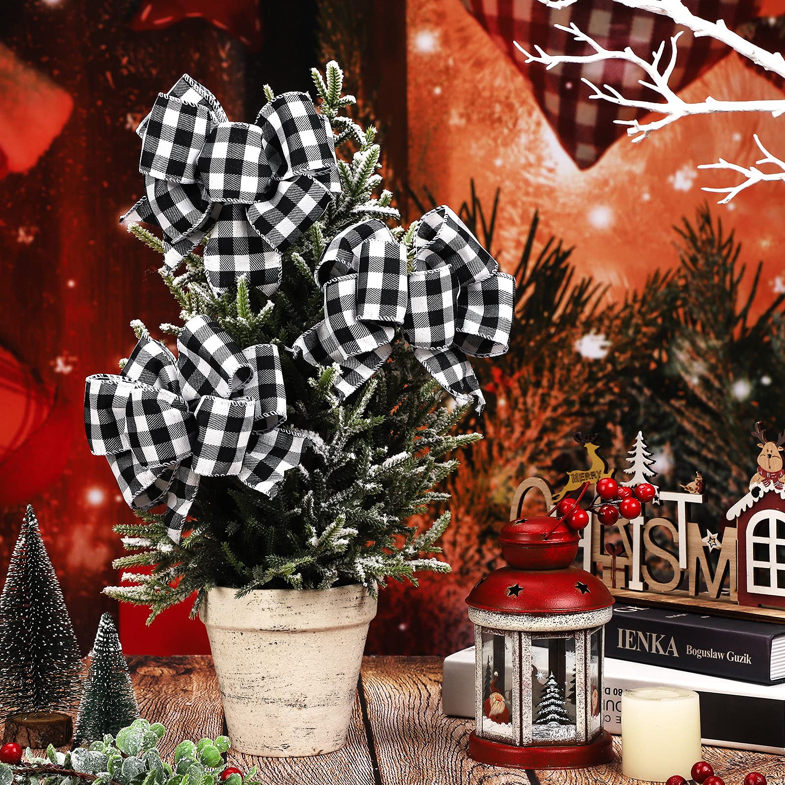 JSSEVN - Ghirlanda di archi di Natale, motivo a quadri, con fiocco decorativo per albero di Natale, per feste in interni ed esterni, rosso, bianco