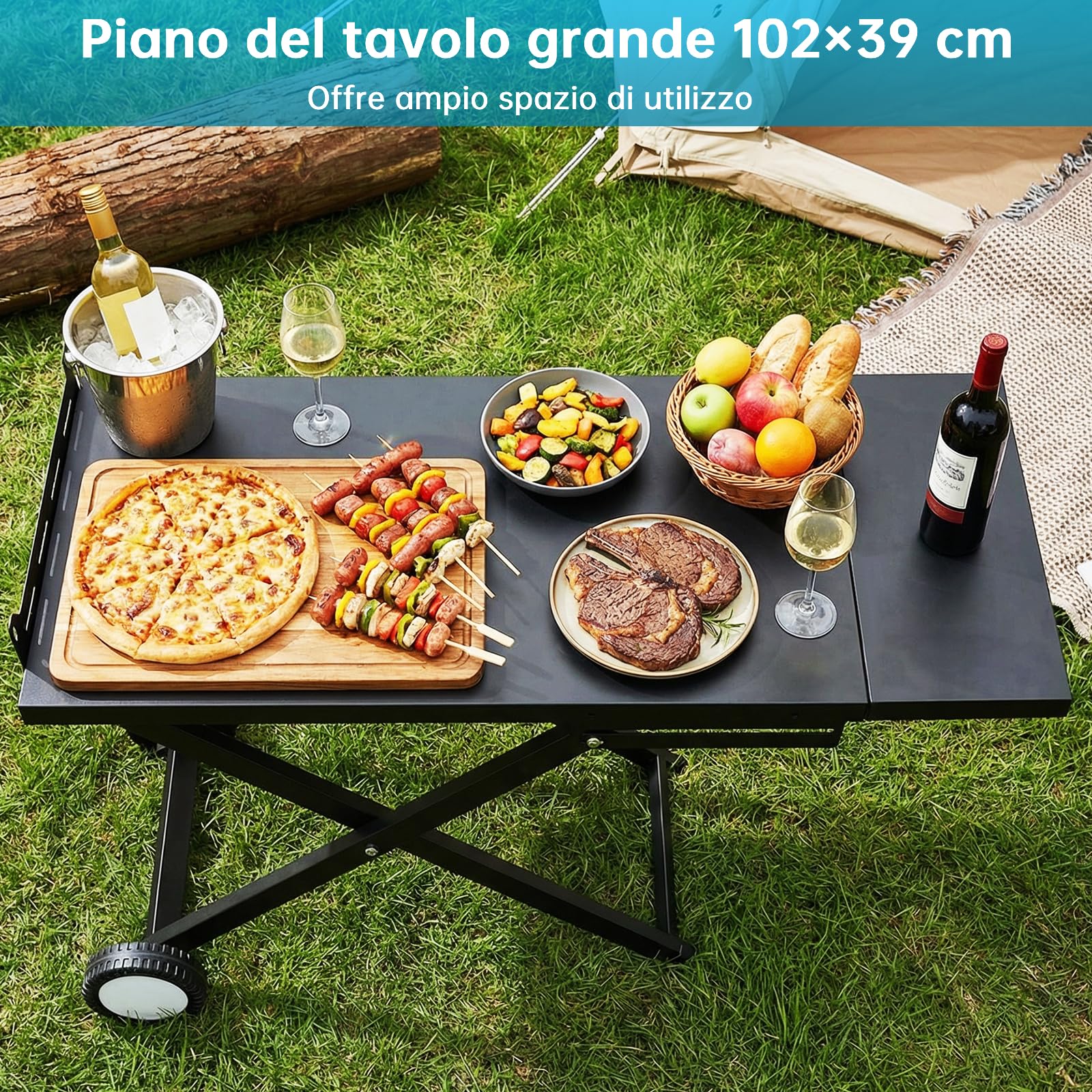 LIFERUN Carrello Barbecue Pieghevole con Ripiano Staccabile, 102x39cm Supporto Portatile con 2 Ruote, Tavolo Stabile per BBQ, per Esterno da Campeggio, Picnic e Giardino, Montaggio Facile, Nero