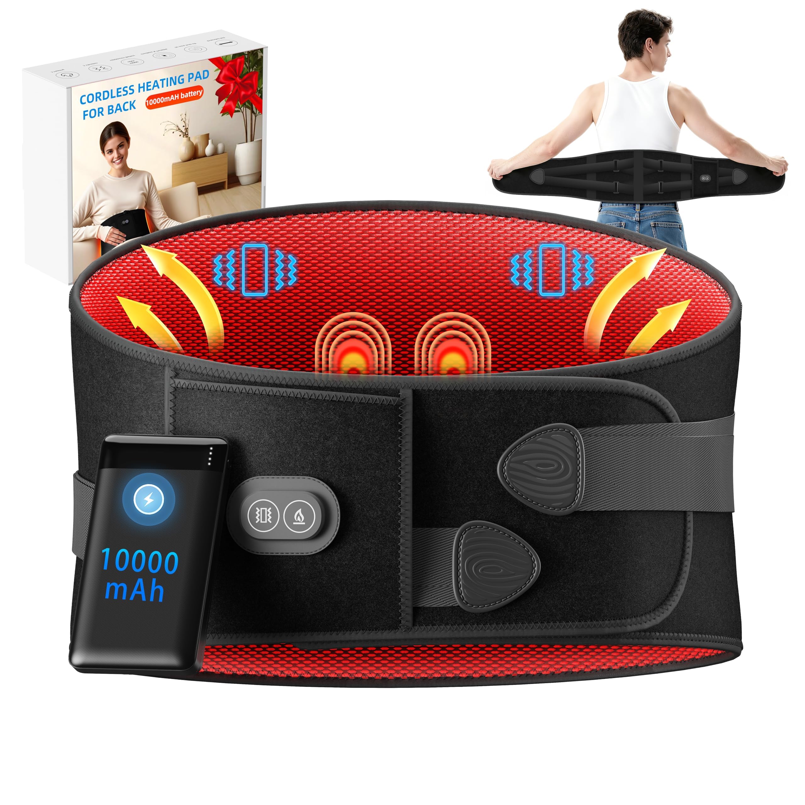 Photo 1 of Heating Pad for Lower Back, Cordless Back Massager with 3 Heat Levels 3 Vibration Modes, 10000mAh Portable Rechargeable Electric Heat Pad, Gifts for Men Dad, Presents for Women Mom Seniors