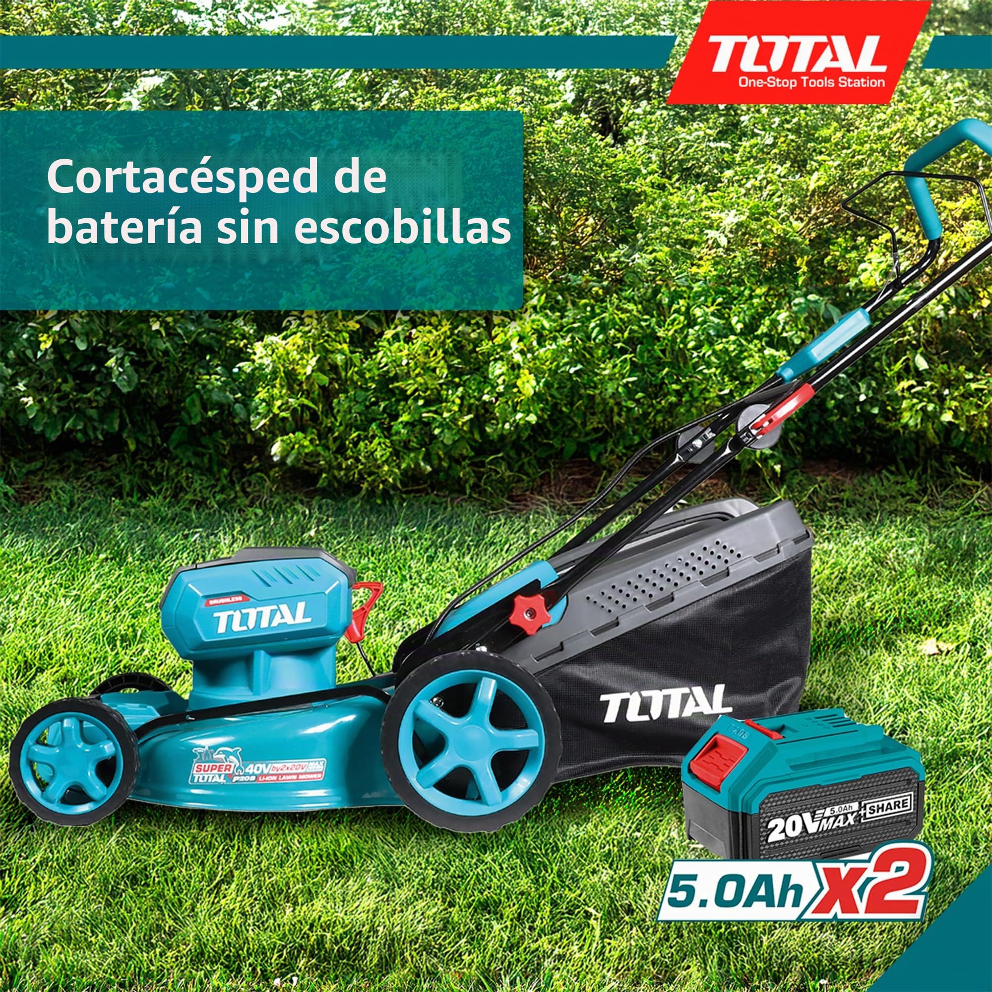 TOTAL - Cortacésped Brushless A Batería | Batería de 40V de Larga Duración | Incluye 2 Baterías y Cargador Rápido Doble | Fácil de Montar |con Ajuste de Altura | Cómodo de Manejar