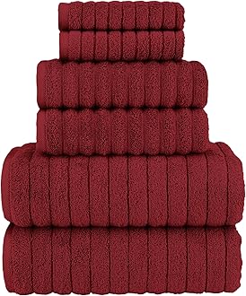 Elegant Comfort 100% Turkish Cotton Corduroy Ribbed Luxury Bath Towels 6-Piece Set, Premium Feel - Quick Dry, Highly Absorbent, Contains 2 Bath Towels, 2 Hand Towels, and 2 Washcloths, Burgundy