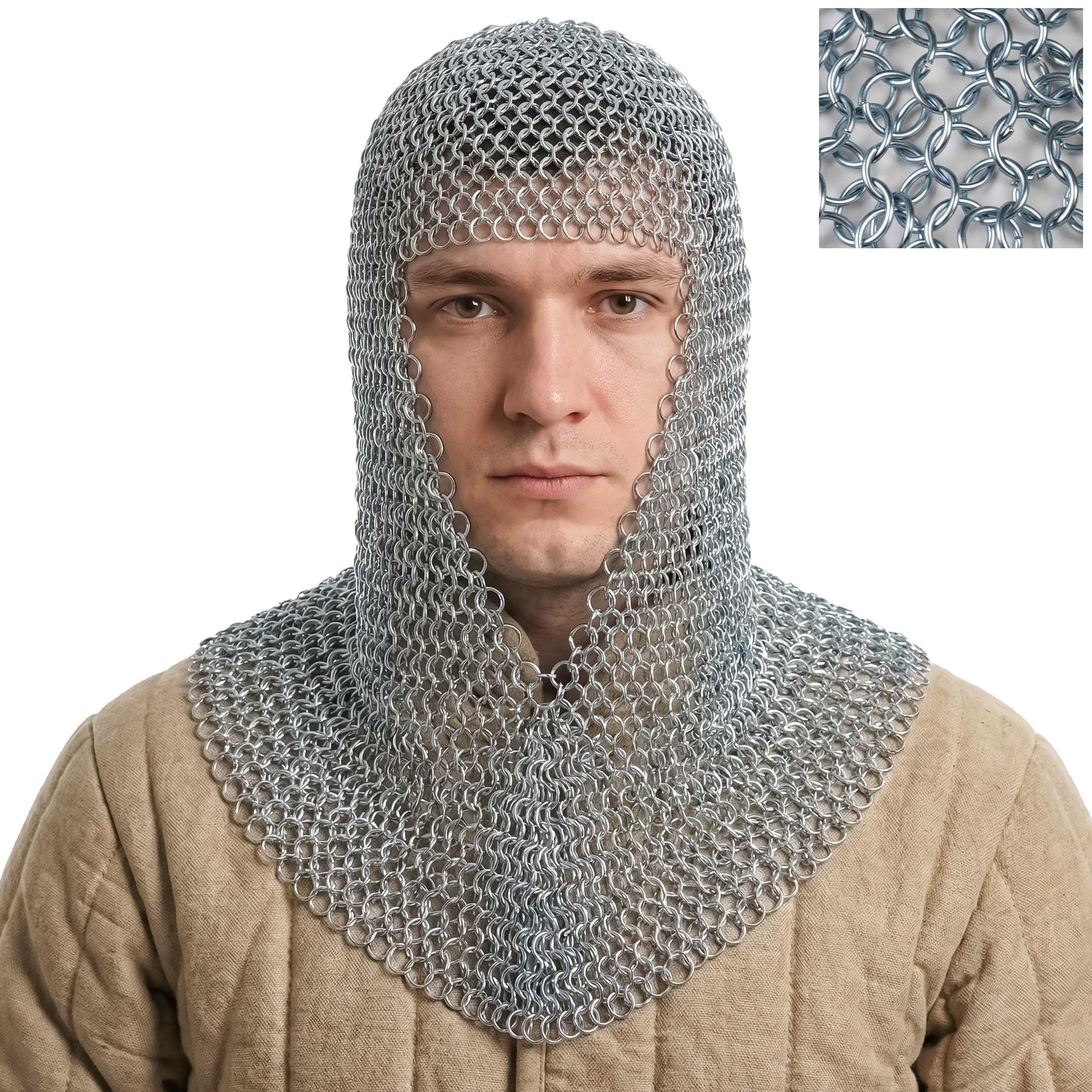 Mythrojan Chainmail Coif Medieval Knight Renaissance Armor Chain Mail Hood Viking LARP 10mm 16 Gauge Viking Warrior Armor Replica Costume - Silver, Small