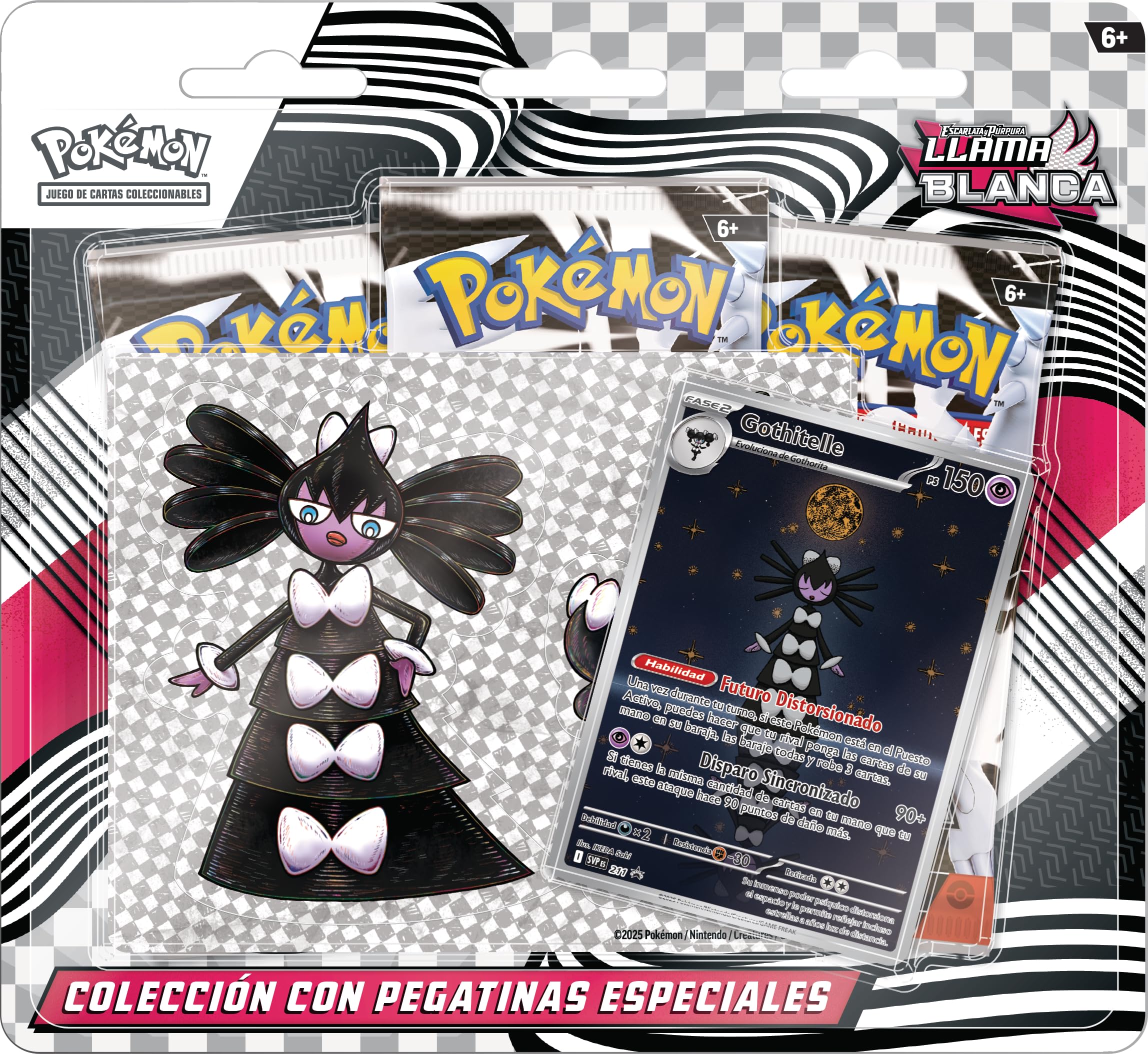 Pokémon: Colección con Pegatinas Especiales de Escarlata y Púrpura-Llama Blanca: Gothitelle de JCC Pokémon (1 Carta holográfica de promoción y 3 Sobres de Mejora)