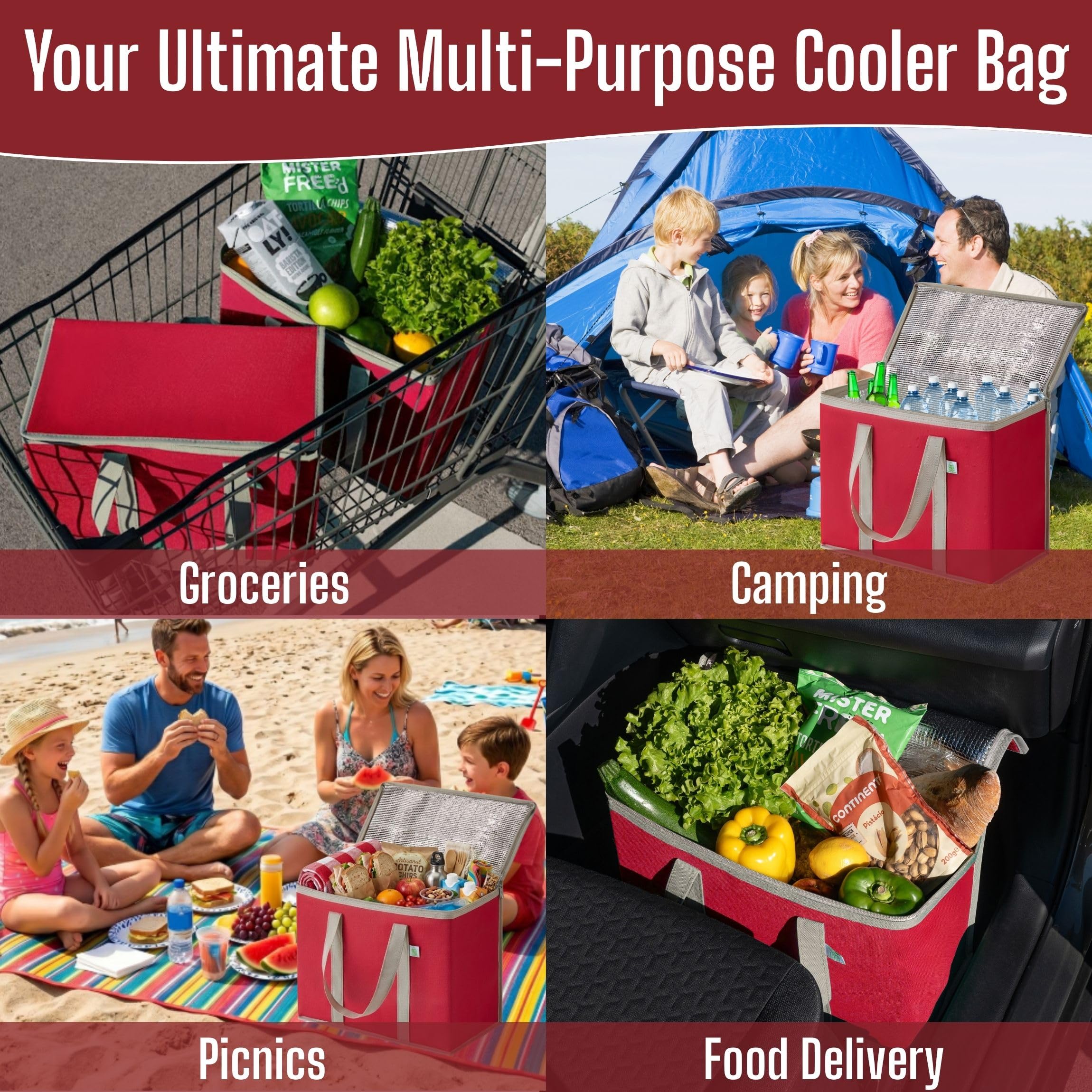 VENO Borsa termica riutilizzabile, borsa frigo grande con coperchio, manici durevoli, cerniere doppie, borsa spesa resta in piedi, pieghevole borsa porta pranzo, borse da picnic