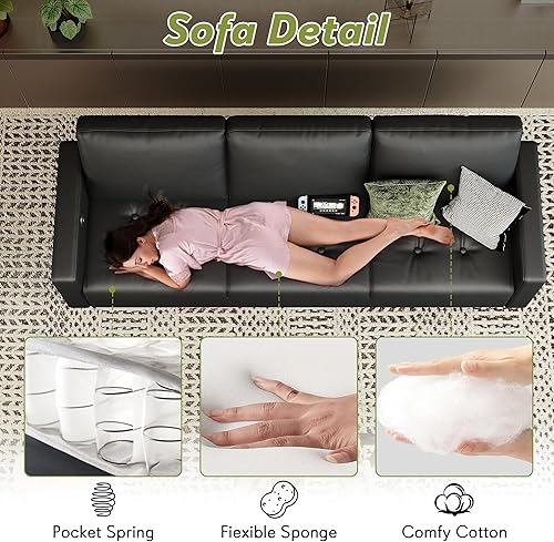 Miniatura 7 de STHOUYN Sofá de piel sintética negra de 73 pulgadas, moderno y cómodo sofá de 3 plazas con reposabrazos copetudo y USB, sofás pequeños para sala de