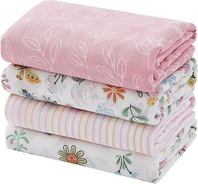 Softan Swaddle Blankets for Baby Girls & Boys Gift, Large 47X47 inches Receiving Blankets for Newborn,4 Pack Flowers and Butterflies