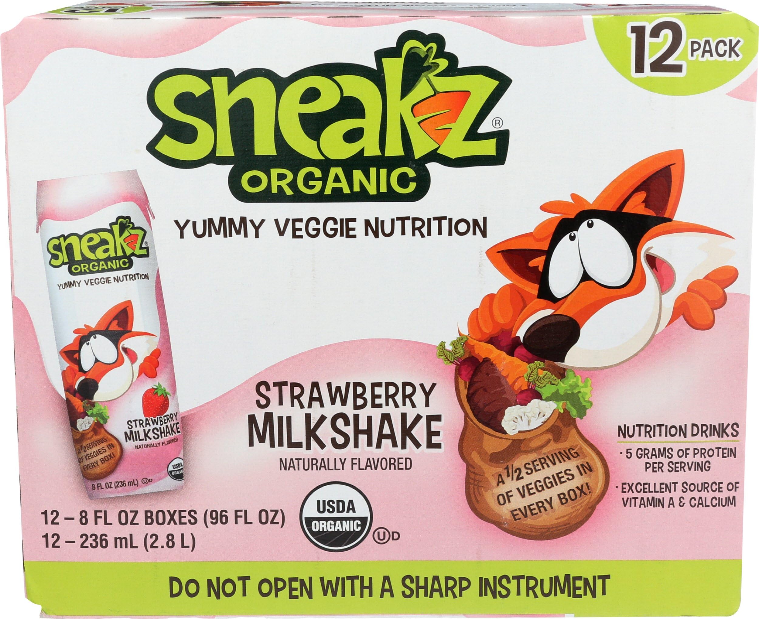 Sneakz Organic Veggie Nutrition Milkshake, Strawberry, 8 ounce, 12-Pack, Non-GMO, USDA Organic, Gluten Free, Kosher