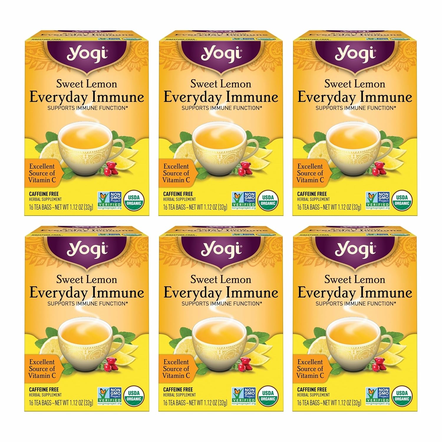 Yogi Tea Sweet Lemon Everyday Immune Tea - 16 Tea Bags per Pack (6 Packs) - Daily Immune Support Tea - Delicious Lemon Tea Bags - Includes Tulsi, Lemongrass, Rose Hip, Lemon Peel & More