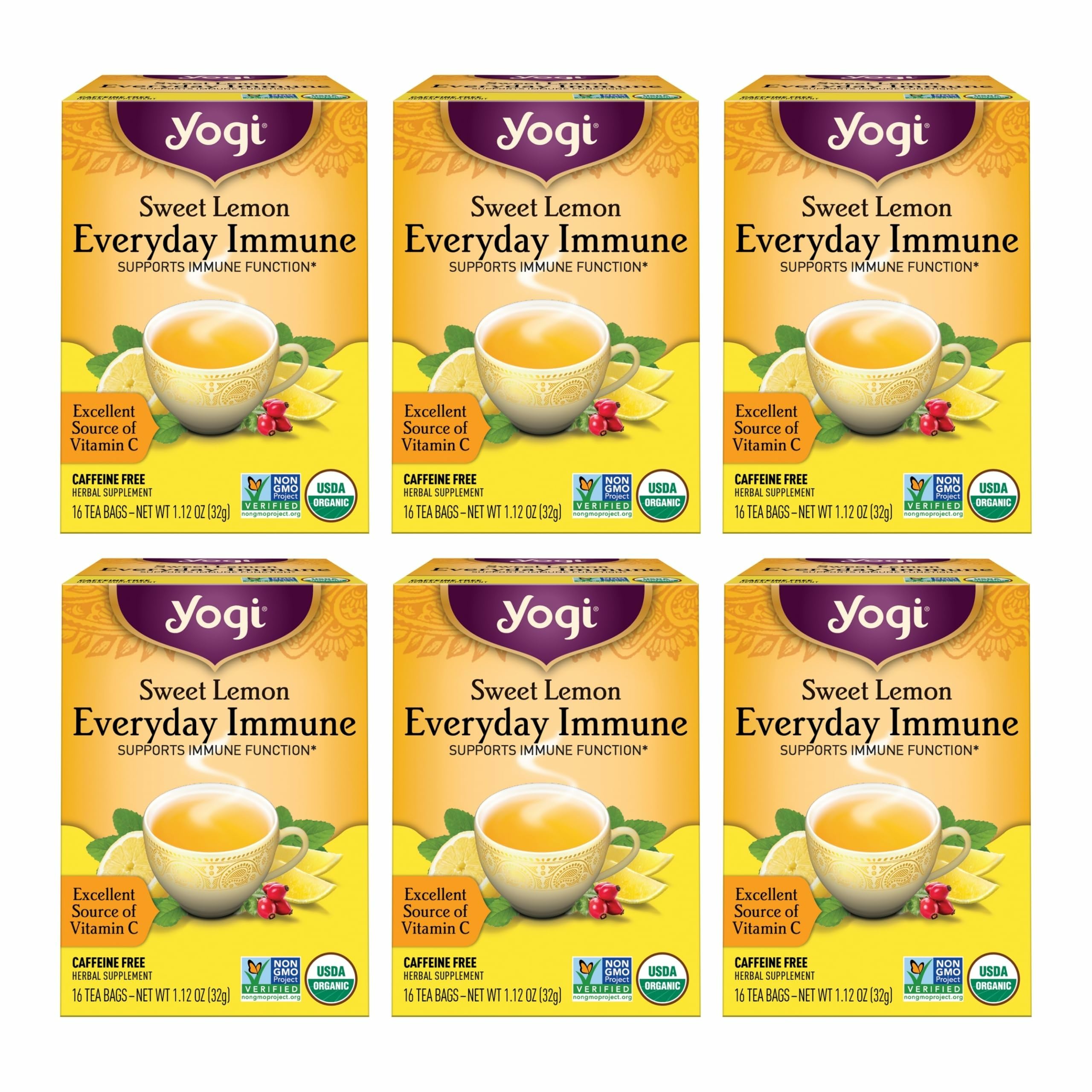 Yogi Tea Sweet Lemon Everyday Immune Tea - 16 Tea Bags per Pack (6 Packs) - Daily Immune Support Tea - Delicious Lemon Tea Bags - Includes Tulsi,