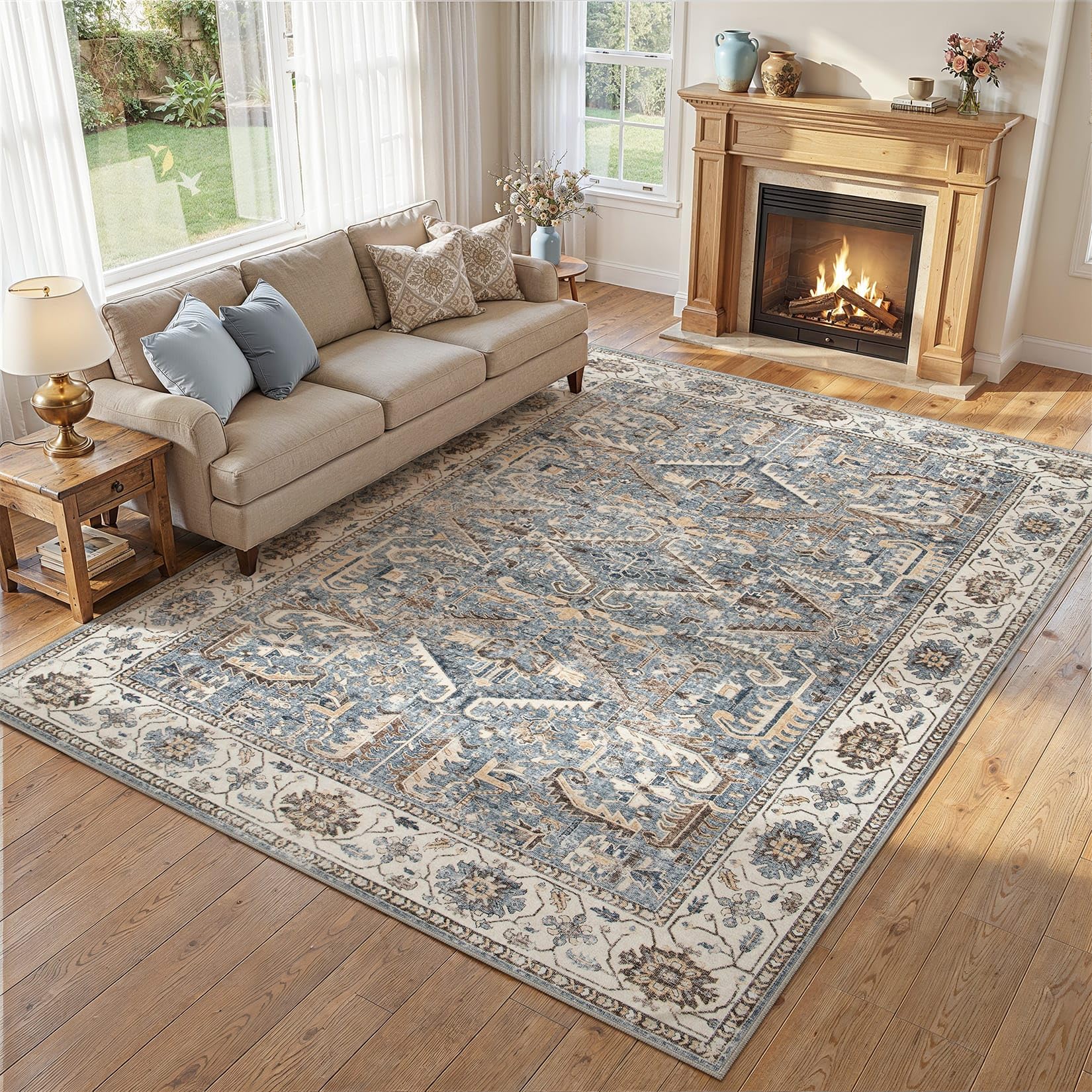 ZUNTKON vintage blue washable 5x7 area rug