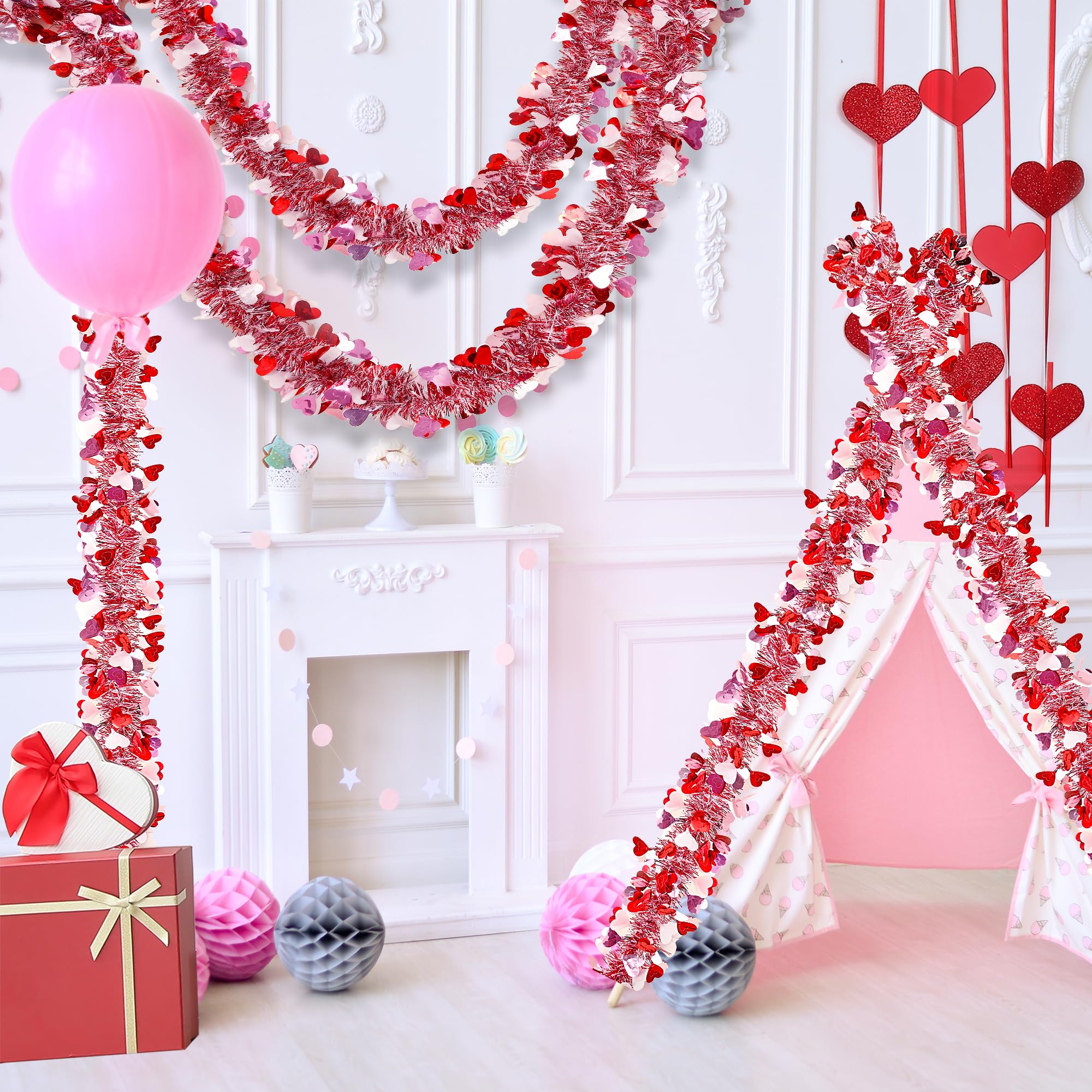 Sggvecsy Lametta-Girlande, Herz-Girlande, rosa, rot, weiß, metallisch, gedrehte Girlande, glänzende Deckendekoration, für Valentinstag, Party, Jahrestag, Geburtstag, Urlaub, Innenbedarf