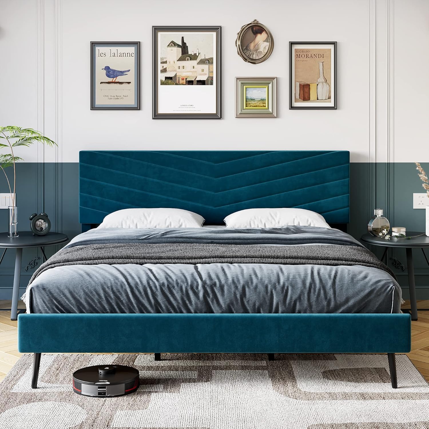 Homhougo King Bed Frame with Adjustable Headboard, Velvet Upholstered Platform Bed with Solid Wood Slats Support, No Box Spring Needed, Noise-Free, Beige