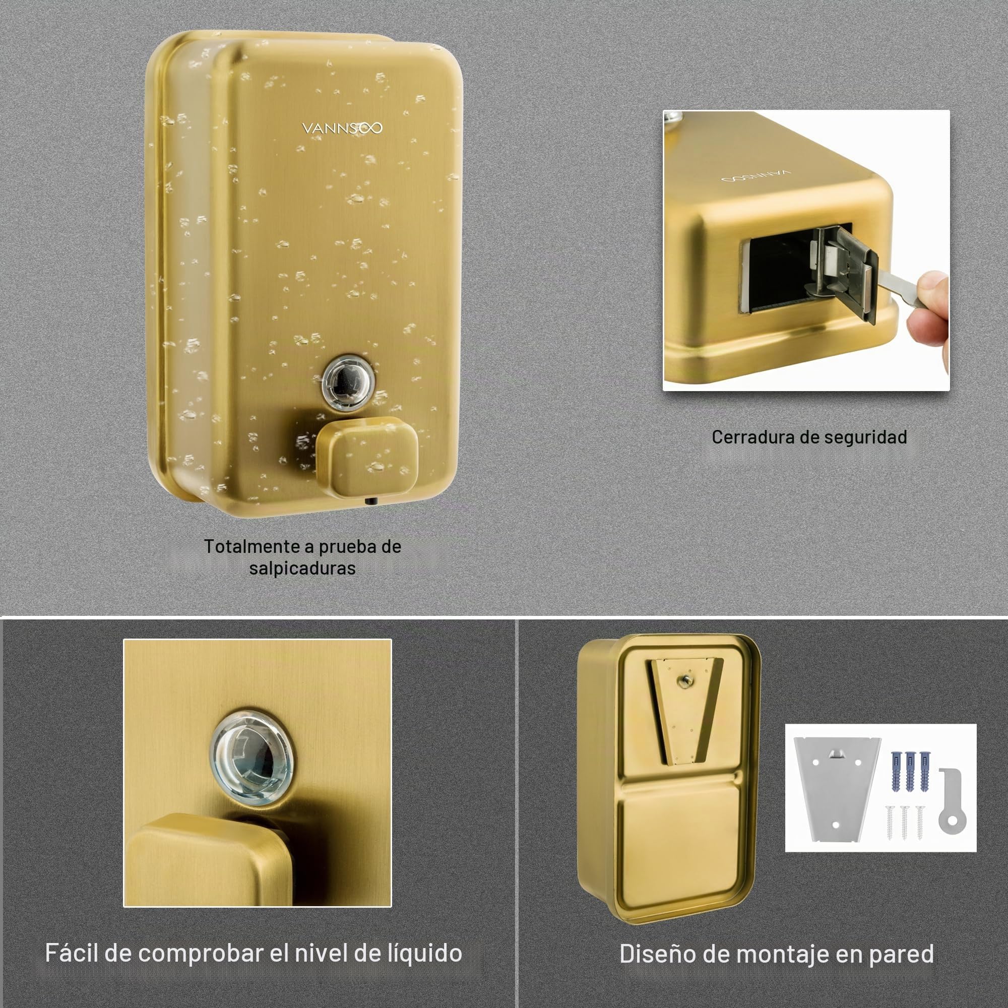 Dispensador de jabón de manos para baño, montaje en pared, 1200 ml, de acero inoxidable para uso comercial, dispensador de jabón líquido de ducha con montaje en pared, vertical dorado