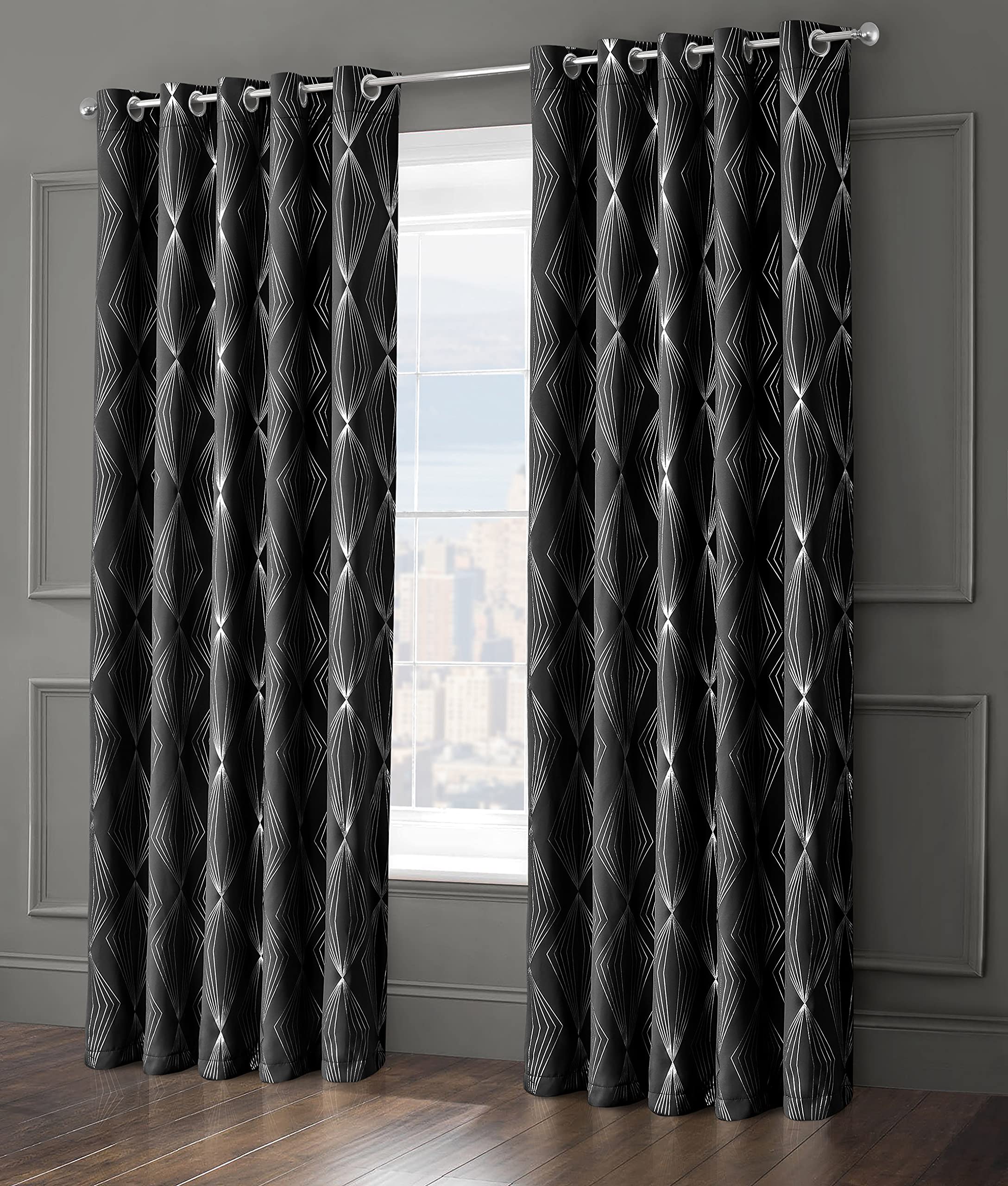 Velosso Total Blackout Ringtop Foil Printed Geometric Cubed Curtain Pair Thermal Insulated Eyelet Curtains for Bedroom Windows (Black, W46 x L54)