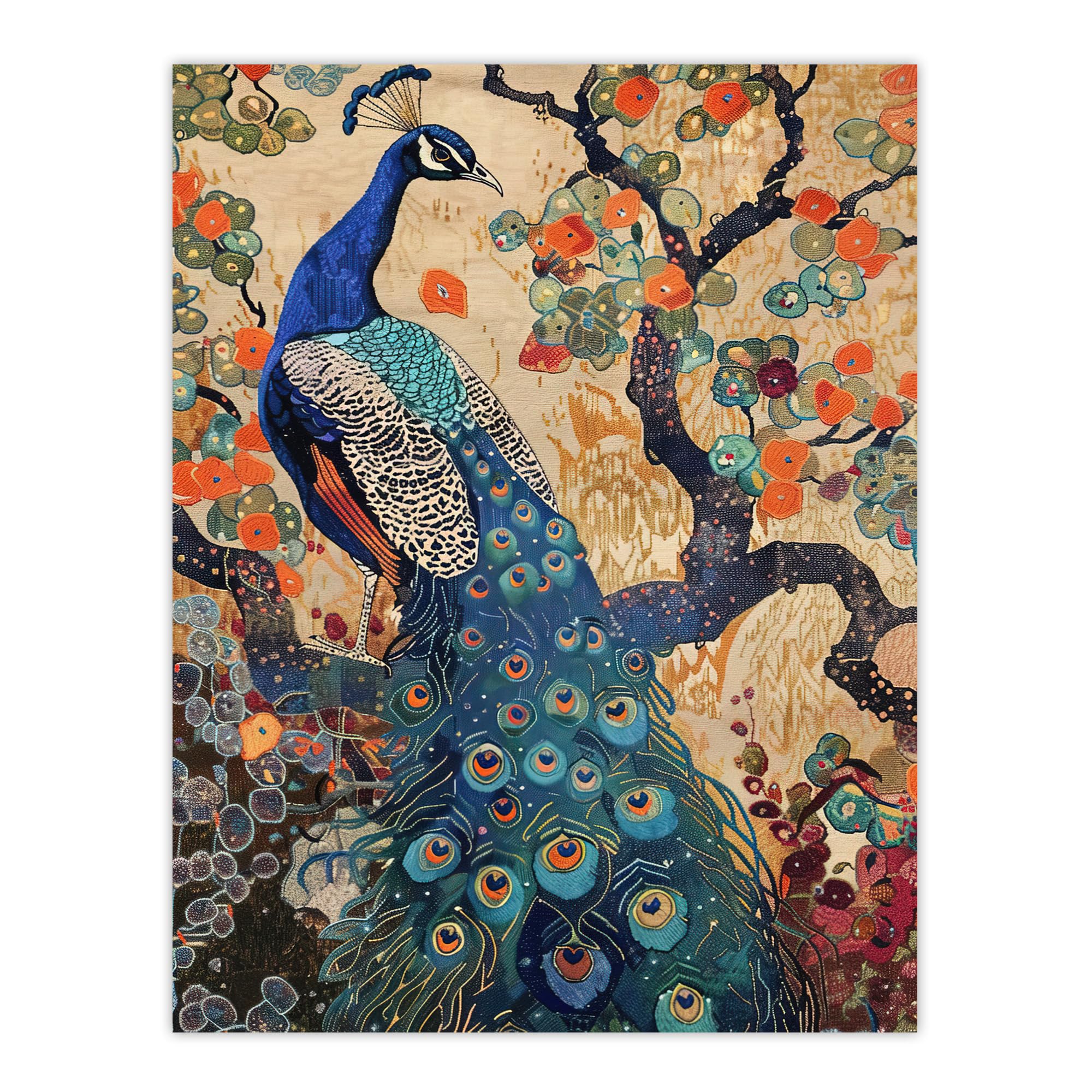 Artery8 Peacock in Tree with Wildflowers Artwork Detailed Living Room Large Wall Art Poster Print Thick Paper 18X24 Inch