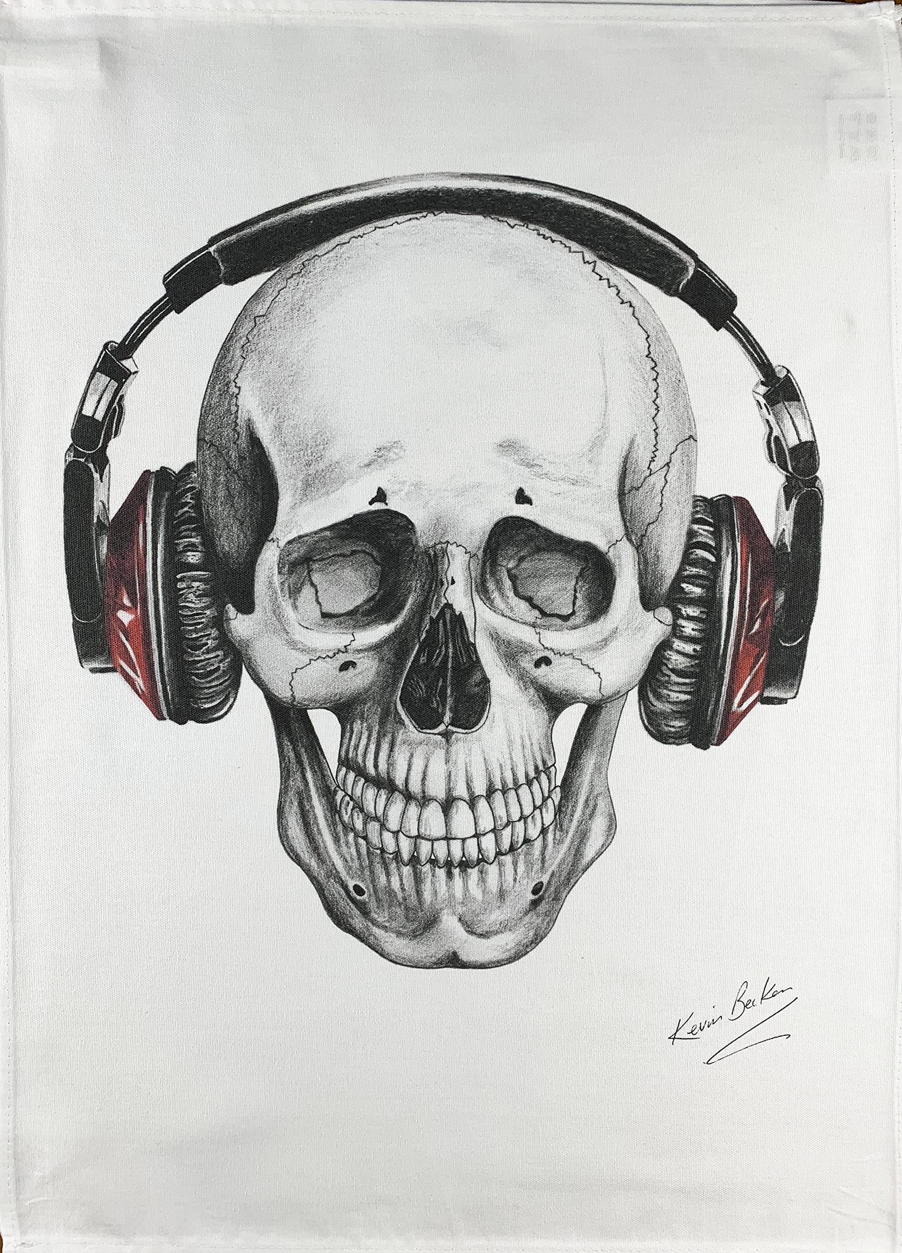 Half A Donkey White Hand Drawn Skull Wearing Headphones Large Cotton Tea Towel