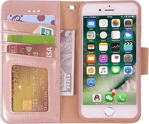 Miniatura 4 de Arae Funda para iPhone 7, funda de bolsillo para iPhone 7 con soporte y cobertura abatible, Dorado rosado