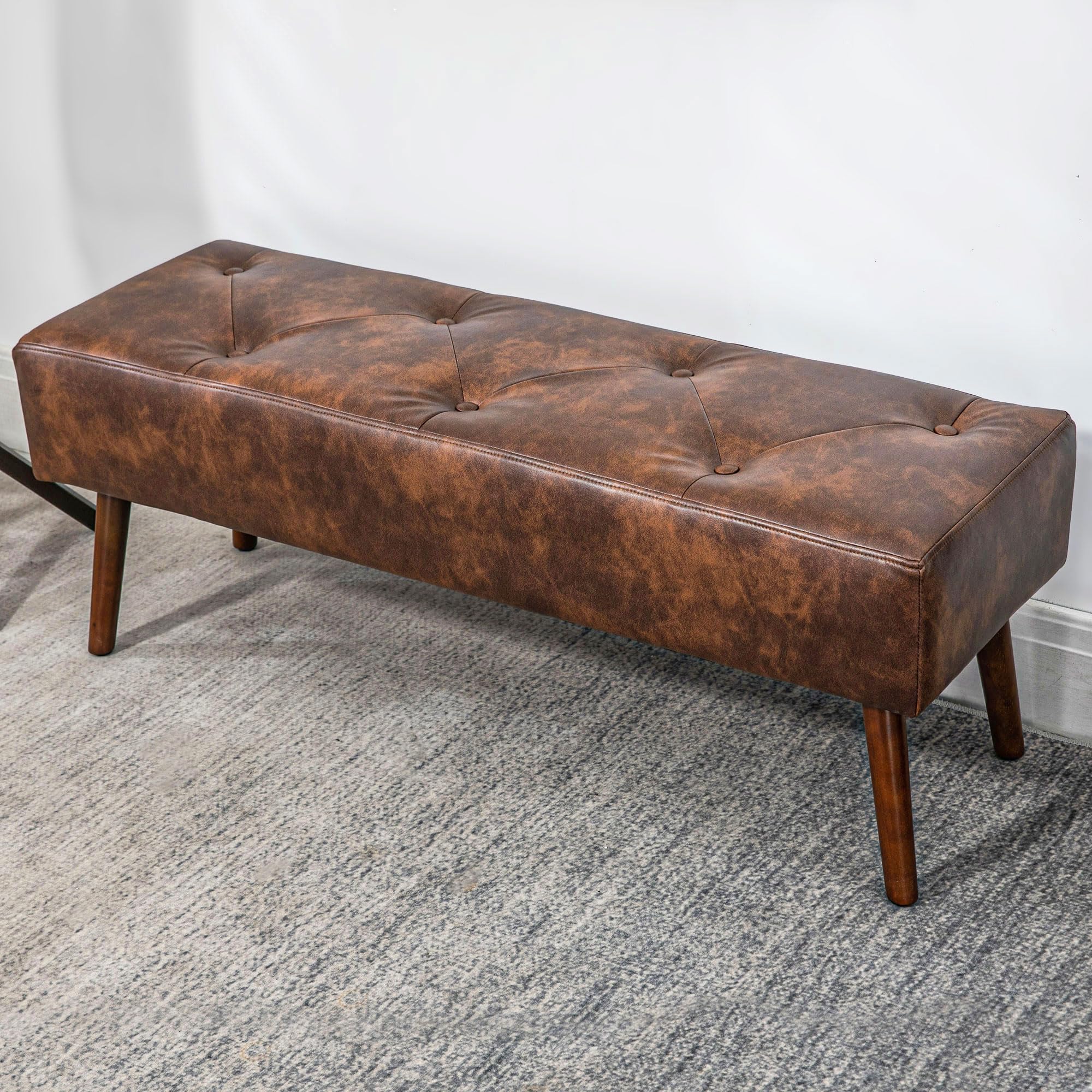 HOMCOM Banc Bout de lit Banquette capitonnée Style Vintage revêtement synthétique 114 x 38 x 42 cm piètement Bois Banc rembourré Marron Effet Vieilli