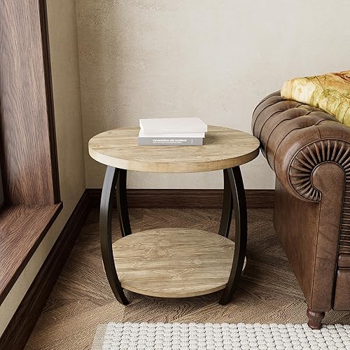 Miniatura 4 de MODERION Mesa auxiliar con estante de almacenamiento, mesa auxiliar de sofá industrial, mesa de teléfono redonda de 2 niveles, 23.6 pulgadas de