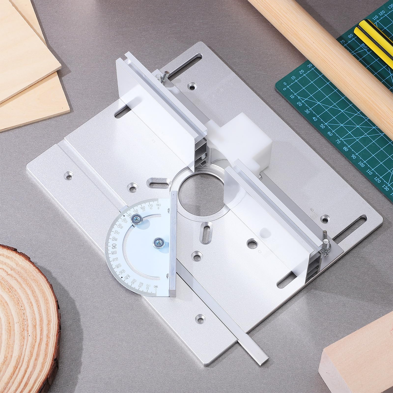 Cabilock Placa de Inserción para Mesa de Fresadora de Aleación de Aluminio, Base Abatible con Medidor de Ángulo, Compatible con Bancos de Carpintería, Accesorio para Trabajos de Bricolaje