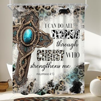 Vintage Wooden Cross Rustic Leopard Cow Bible Bathroom Shower Curtain Set | 60"W x 72"H Inspirational Verse; waterproof HD print, quick-dry fabric and plastic hooks for easy setup.