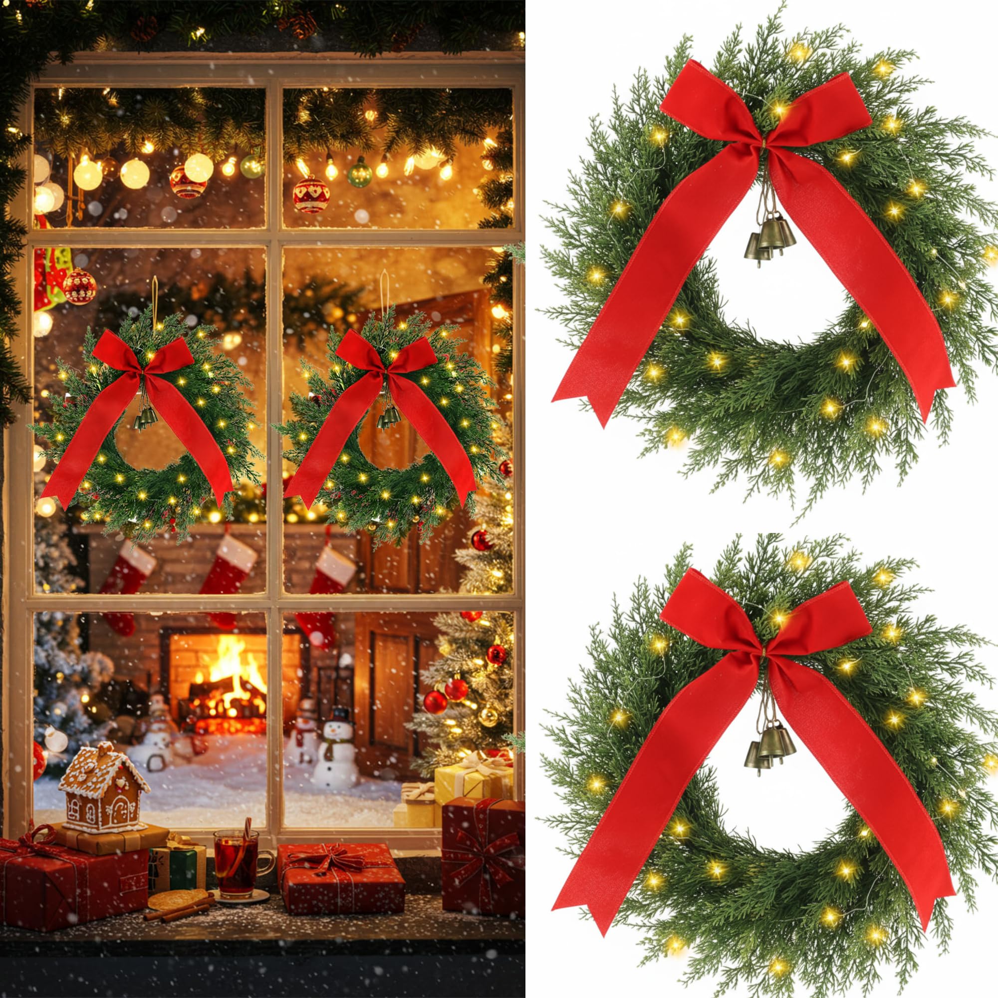 Couronnes de cèdre de Noël au toucher réaliste avec clochettes et nœud pré-éclairées x2