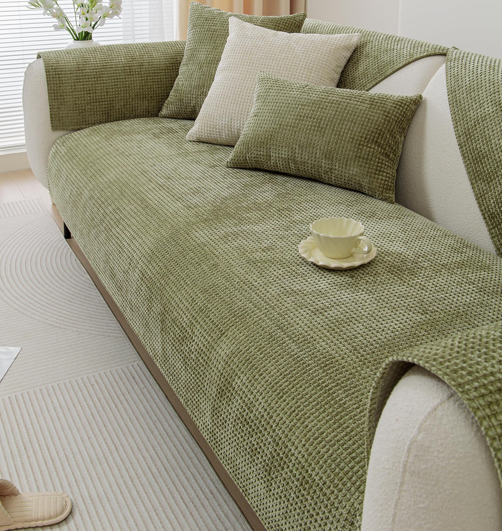 vctops Farmhouse Plaid Chenille Couch Sofa Cover Super Soft Plush Sectional Couch Covers Anti-Slip Solid Sofa Slipcover for Dogs, Children, Pets