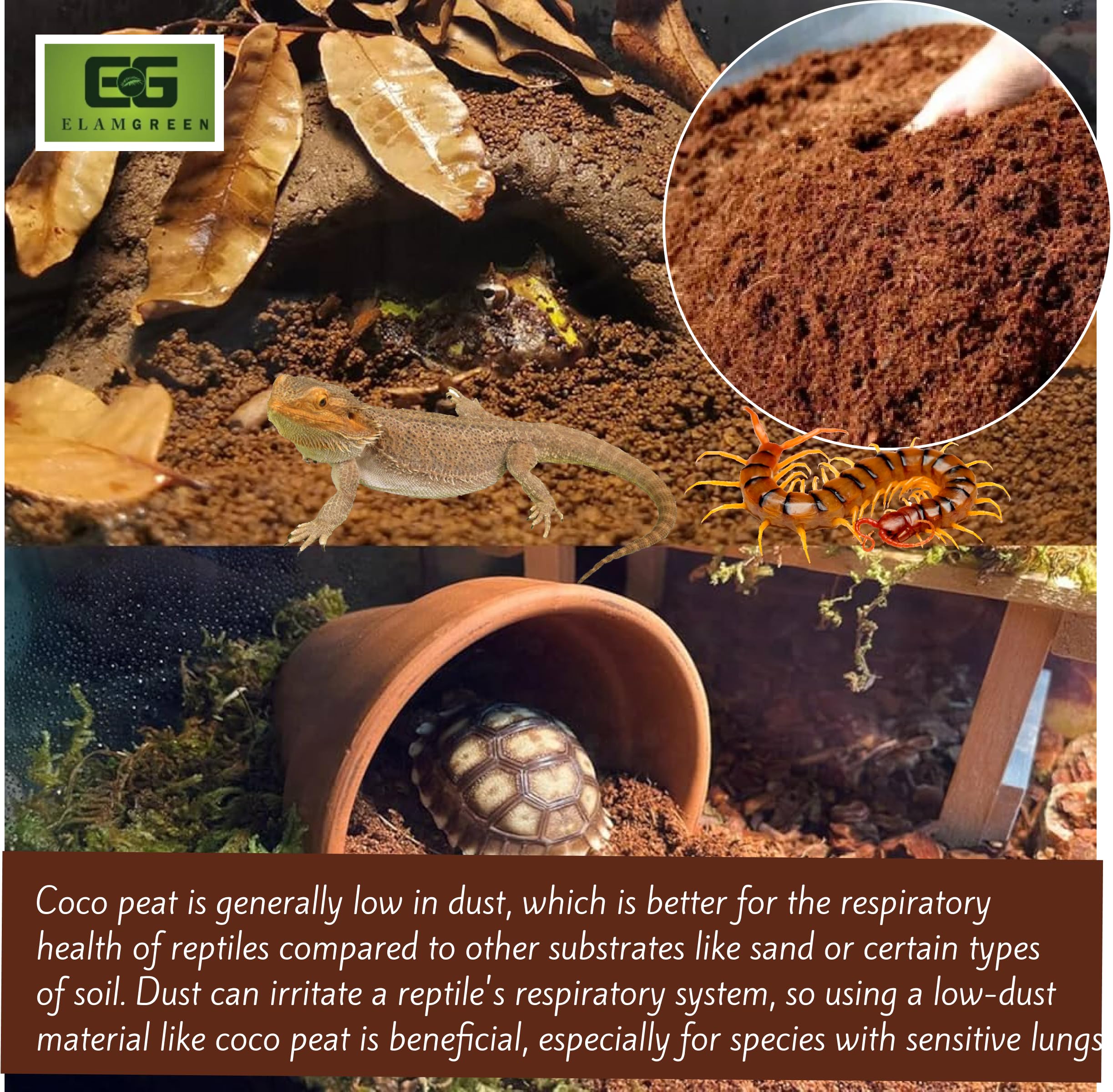 Elamgreen Coco peat for Animal Bedding | Reptiles Small Animals Tortoise Python Frog Snake Chicken Rabbit Birds | pet Products pet Supply Indoor & Outdoor (5kg) 1
