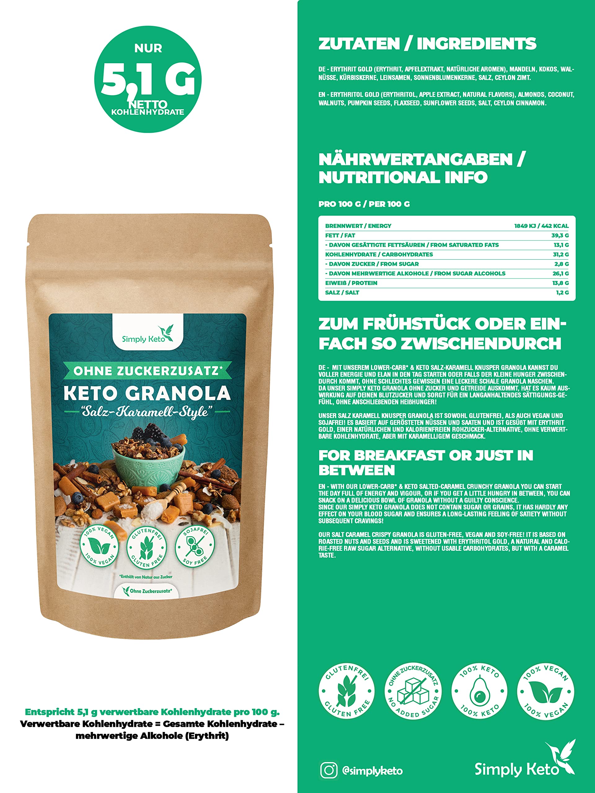 Simply Keto Muesli Crujiente caramelo salado - Muesli bajo en carbohidratos sin azúcar - 500g Delicioso Muesli Keto para un desayuno perfecto - Paleo y Vegano - Sin soja, lactosa y gluten - 500g