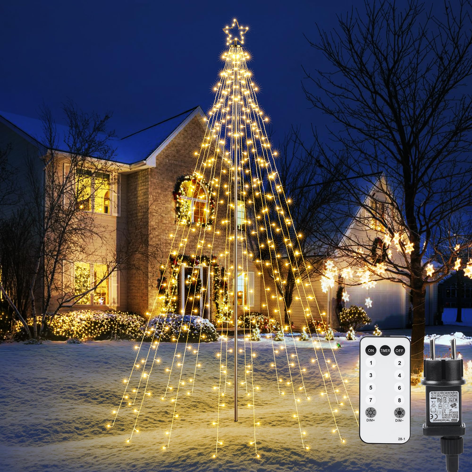 Joomer Weihnachtsbeleuchtung Außen 274 LED 2,3M Christbaumbeleuchtung mit Sterne, Weihnachtsdeko mit Fernbedienung 8 Modi Dimmbar Weihnachtsbaum Außen Lichterkette für Rasen Garten (Warmweiß)