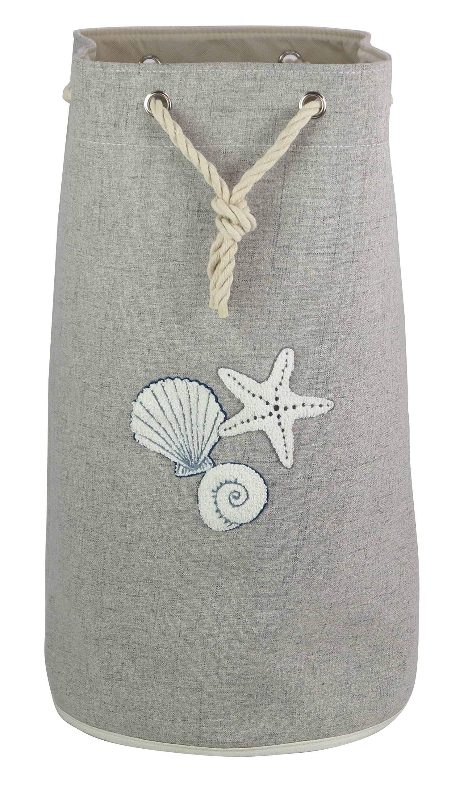 Meubletmoi - Bolsa para la colada plegable redonda de tela gris con asa de cuerda y bordados