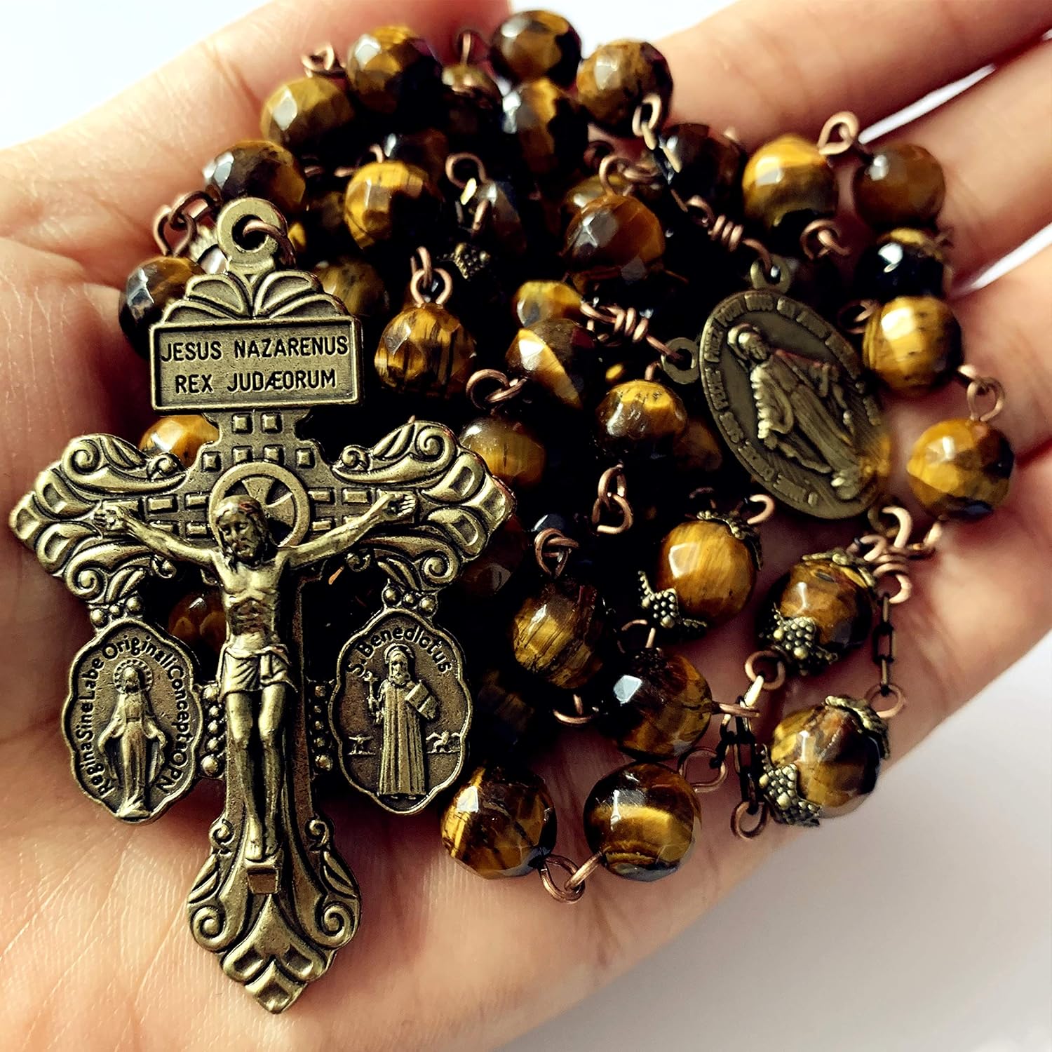 elegantmedical Catholic Tiger Eye Beads Bronze Pardon Cross Rosary Necklace Catholic Gift - Image 3