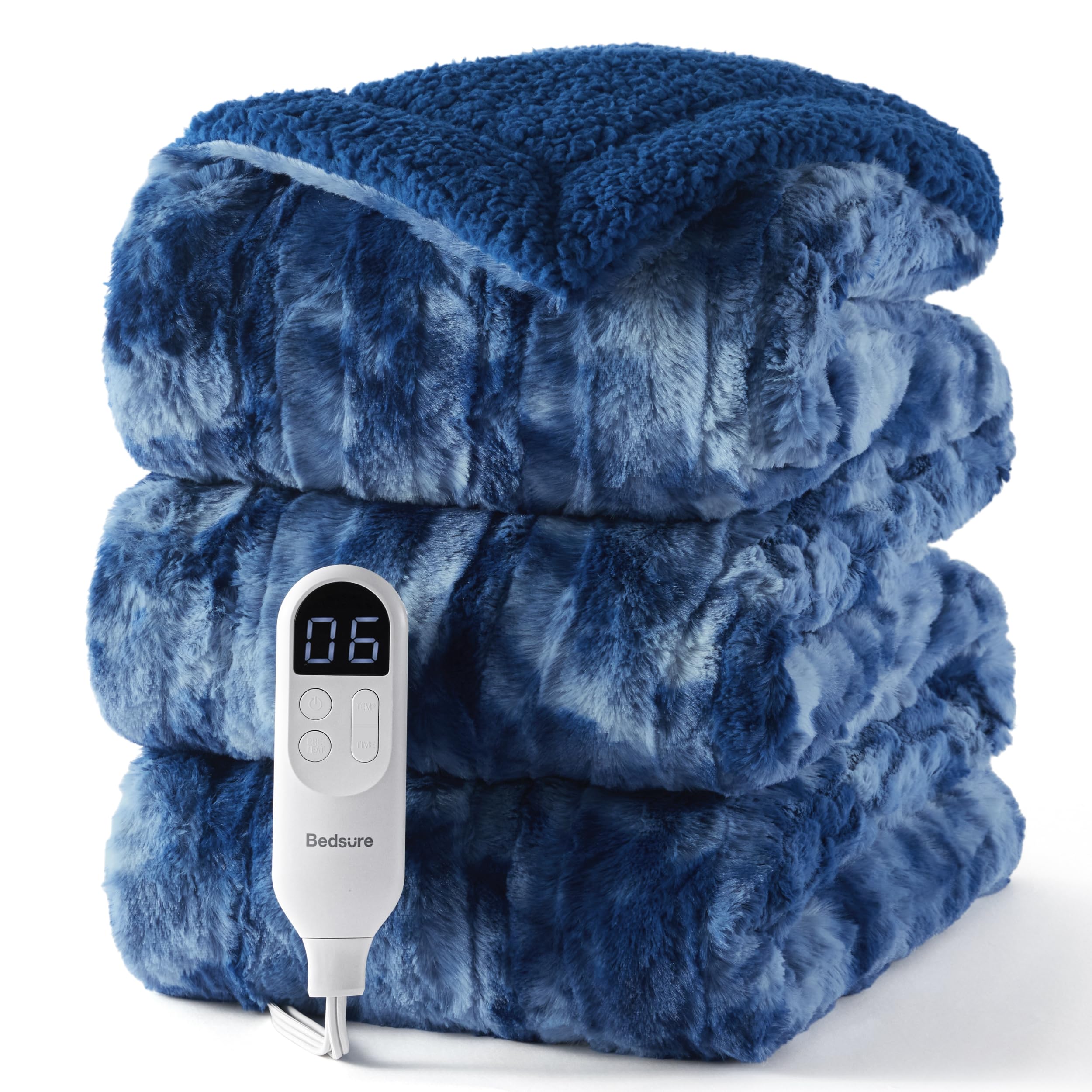 Bedsure Faux Fur Heated Blanket Twin Size, Tie-Dye Electric Blanket, Blue