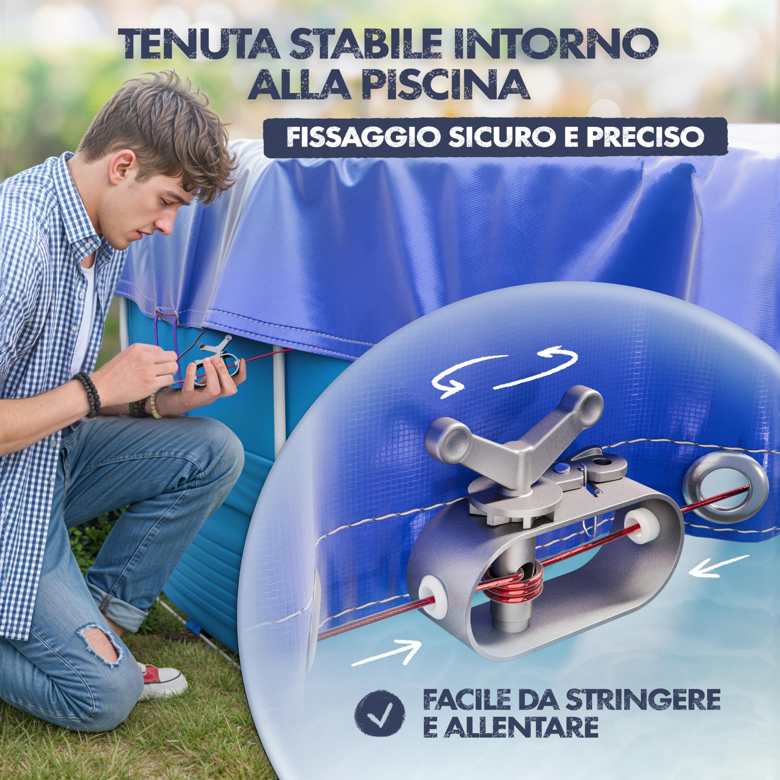 Copertura per piscina 320-366 cm (Ø 420 cm), 200 g/m², Adatto per Intex | Telo spesso blu/nero con materiale di fissaggio, adatto per piscine Intex e Bestway, diametro