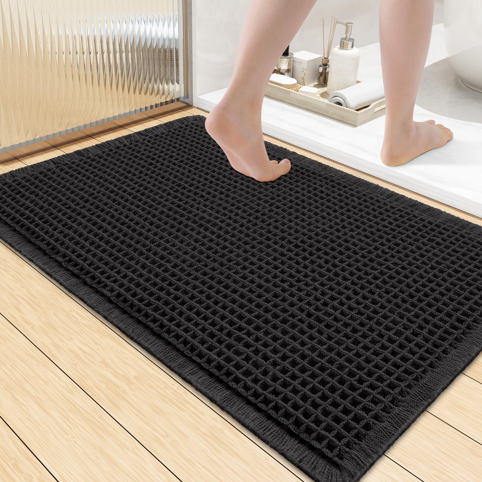 Photo 1 of Smiry Waffle Bath Mat 36X24, Extra Soft Absorbent Bathroom Rugs, Black