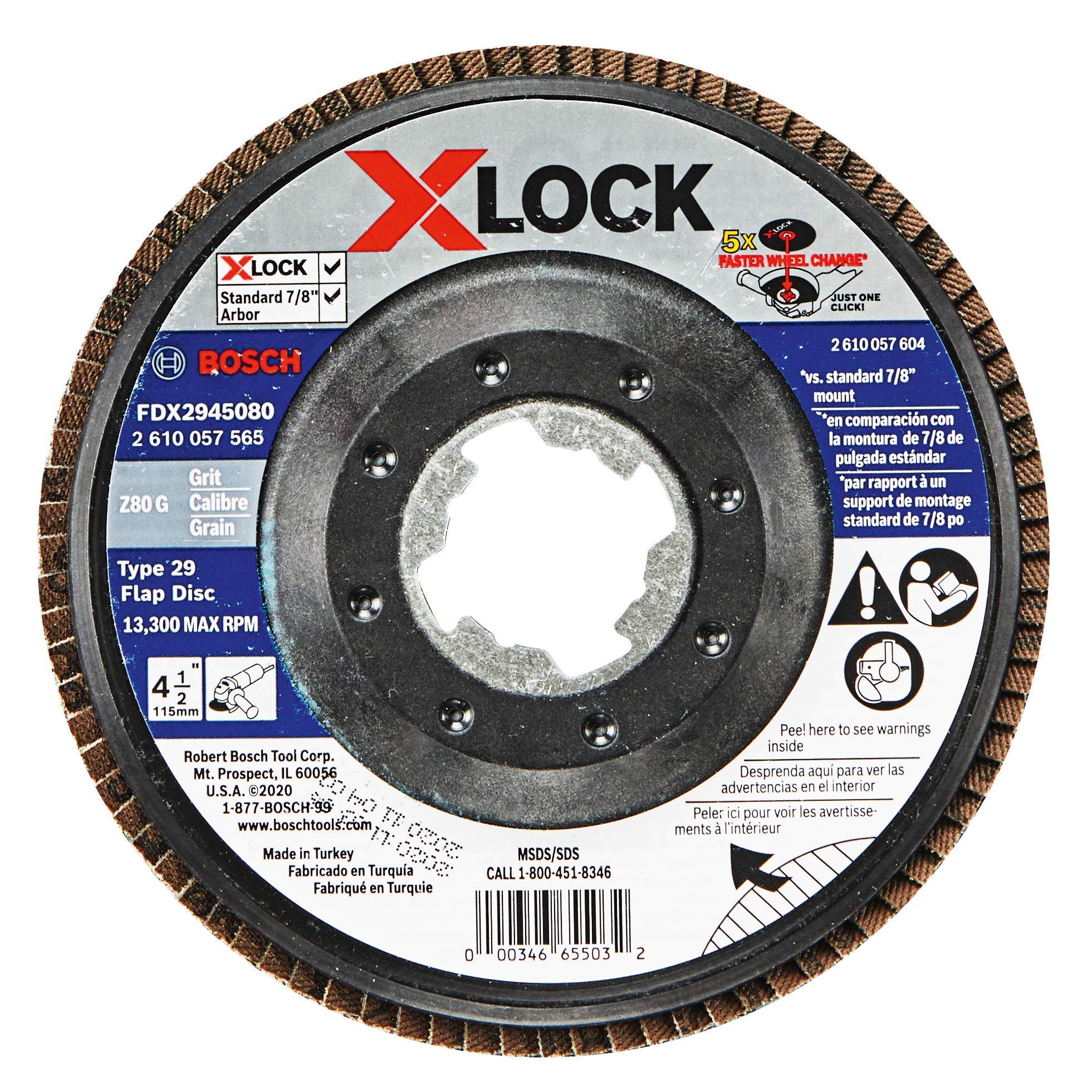 BOSCH FDX2945080 1-Piece 4-1/2 In. X-LOCK Flap Disc 80 Grit Compatible with 7/8 In. Arbor Type 29 for Applications in Metal Blending and Grinding