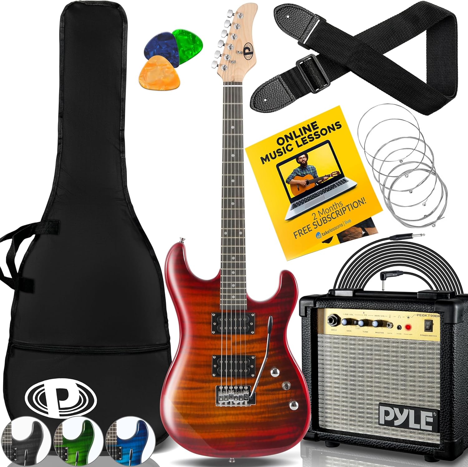 Pyle Electric Guitar Kit with Amp, Full Size Instrument with Humbucker Pickups, Guitarra Electrica Amplifier and Beginner Bundle Accessories, 39" (Legacy Red)