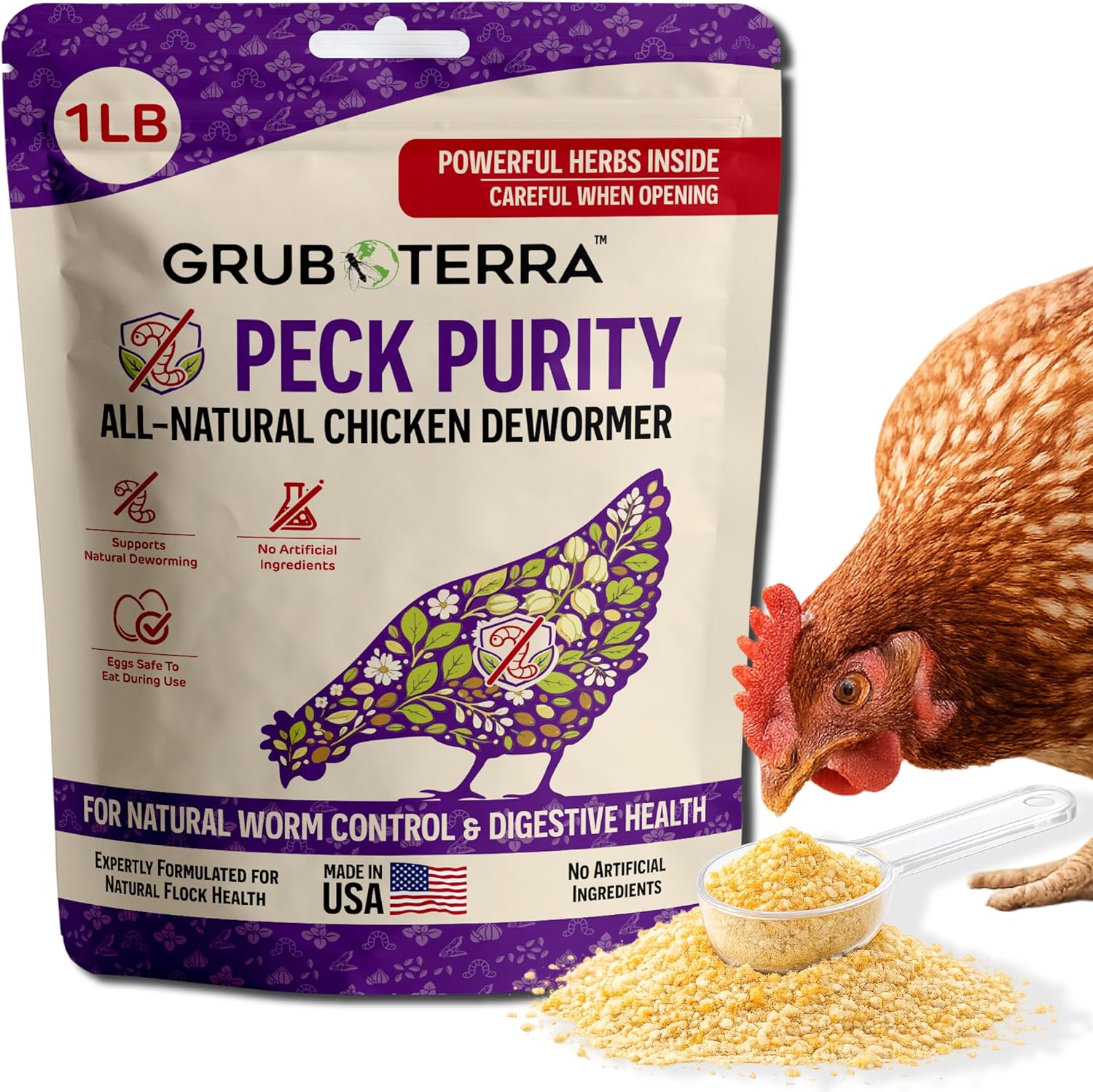 PeckPurity Natural Chicken Herbal Supplement Dewormer – Daily Gut Support with Diatomaceous Earth & Yucca Extract – for Hens, Chicks & Wild Birds – Plant-Based Digestive Health Blend – USA (1 LB)
