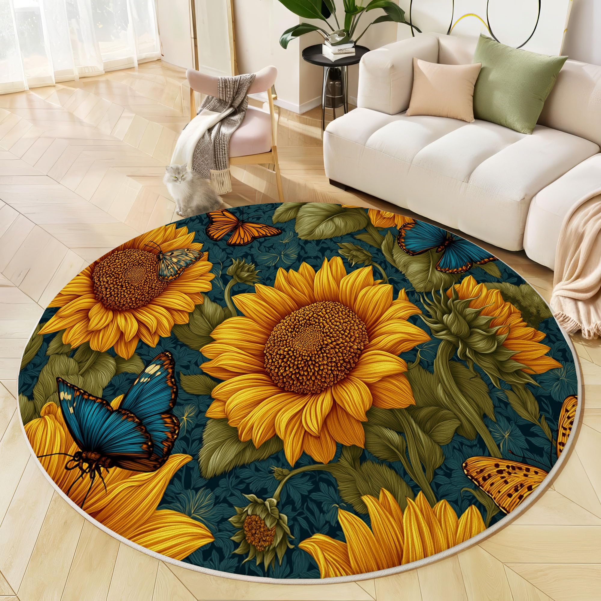 Tapis salon rond poil ras 200 cm bleu marine style médiéval
