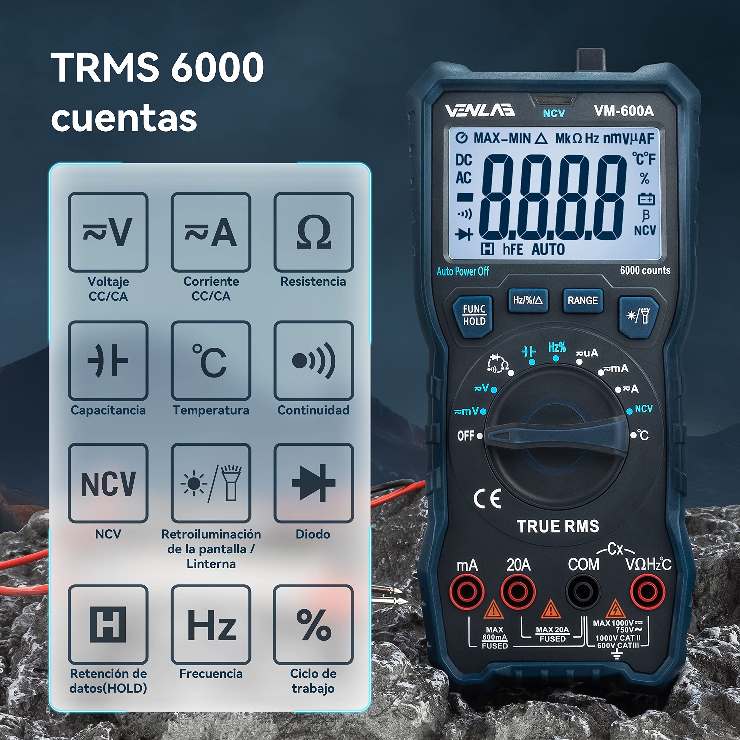 Multímetro digital VENLAB, Polimetro TRMS 6000 cuentas,Voltimetro, Mide Voltaje y Corriente CC/CA, Resistencia, Diodo, Continuidad, Ciclo de trabajo, Capacitancia y Temperatura, VM-600A