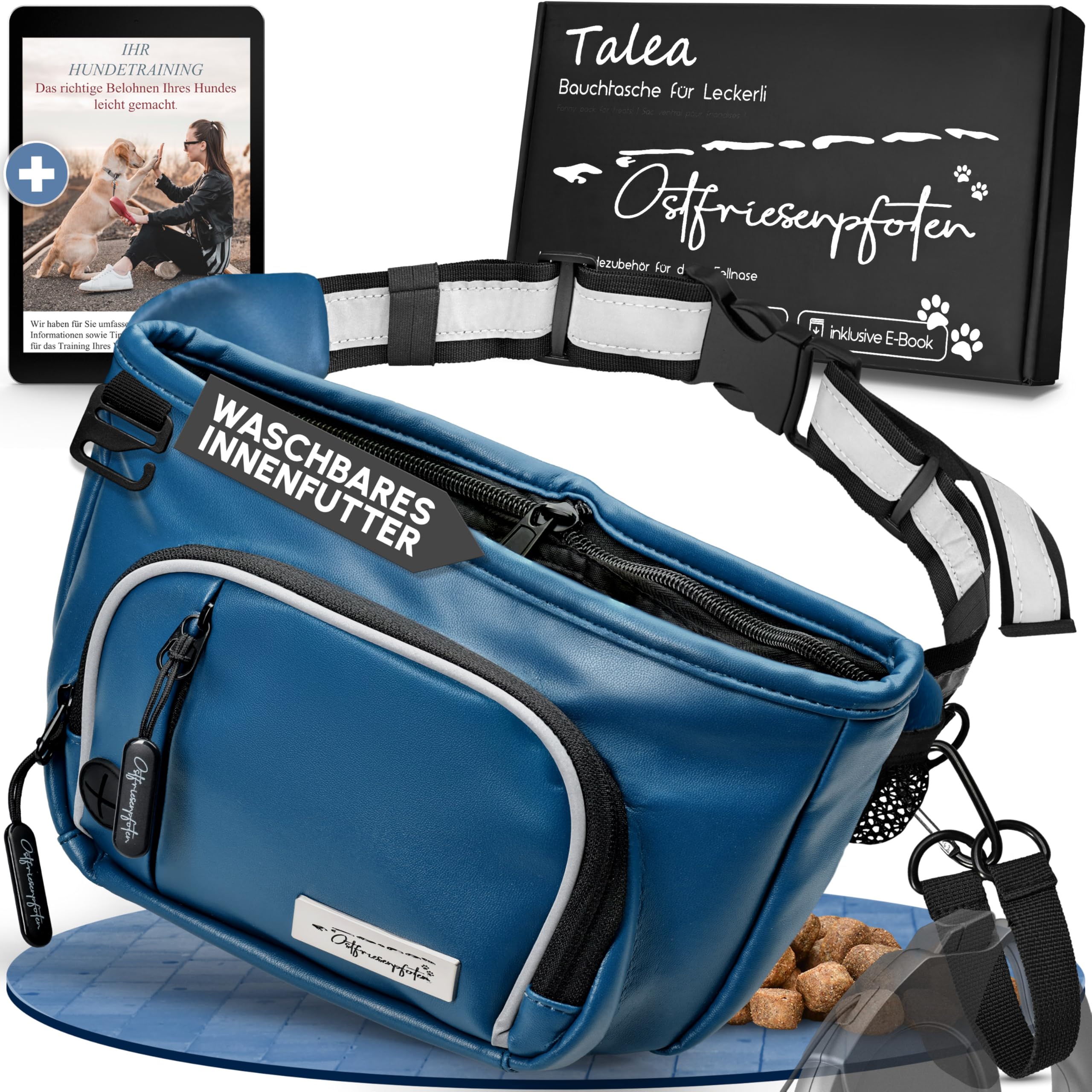 Leckerli-Bauchtasche 'Talea' für Hunde aus Kunstleder mit Einhandmagnetverschluss - Leckerlibeutel inkl. wechselbarem Innenfutter - Bauchtasche für Hundezubehör - Dunkelblau