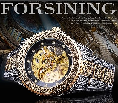 FORSINING Retro Watch for Men Hollow Skeleton Self-Wind Mechanical Vintage Carved Tattoo Automatic Big Dial Diamond Scale Wrist Watches
