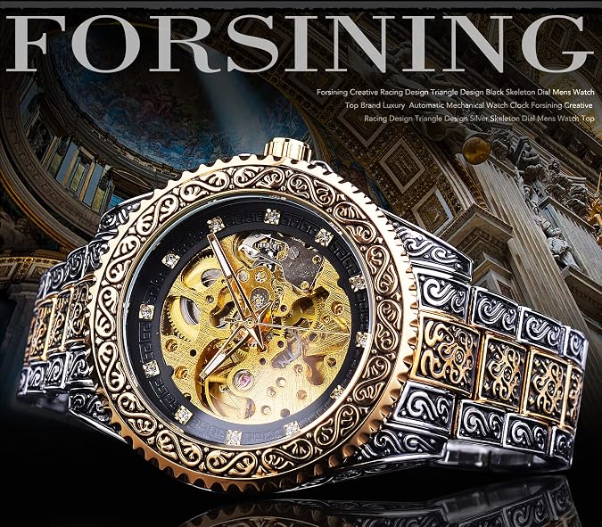 FORSINING Retro Watch for Men Hollow Skeleton Self-Wind Mechanical Vintage Carved Tattoo Automatic Big Dial Diamond Scale Wrist Watches