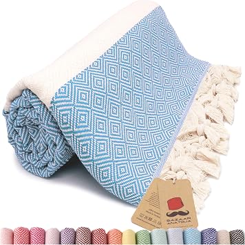 Bazaar Anatolia Turkish Beach Towel 100% Cotton Bath Towel Extra Large Quick Dry Boho Farmhouse Decorative Sheet Bathroom Sand Free Camping Blanket 71x39 Inches - Diamond Turquoise