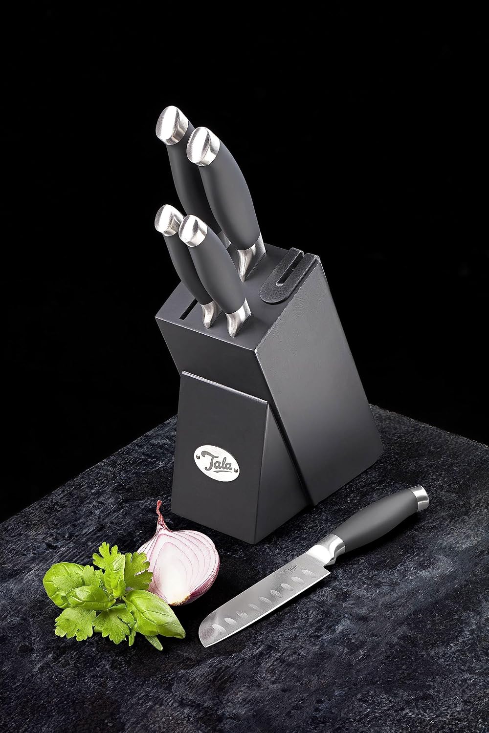 Tala 6 Piece Knife Block Set, Superior Steel with Manganese Infused Blades, Soft Grip Contoured Handles for Extra Comfort, Perfect for Precision, Includes Intergrated Knife Sharpener