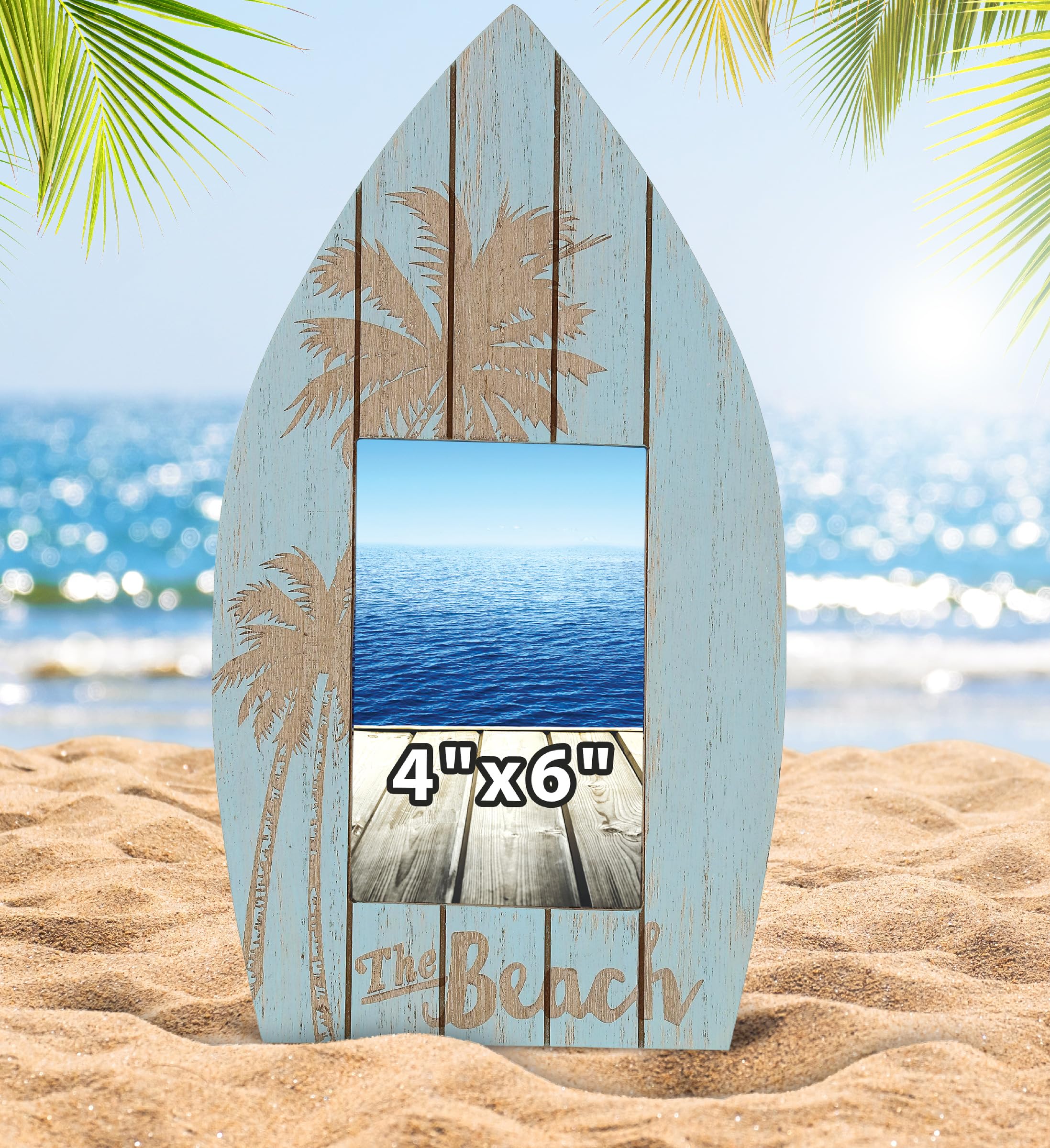 地中海風景 水彩画 木製フレーム Amazon.com - CoTa Global Aqua Palm Boat 4X6 Frame - Blue